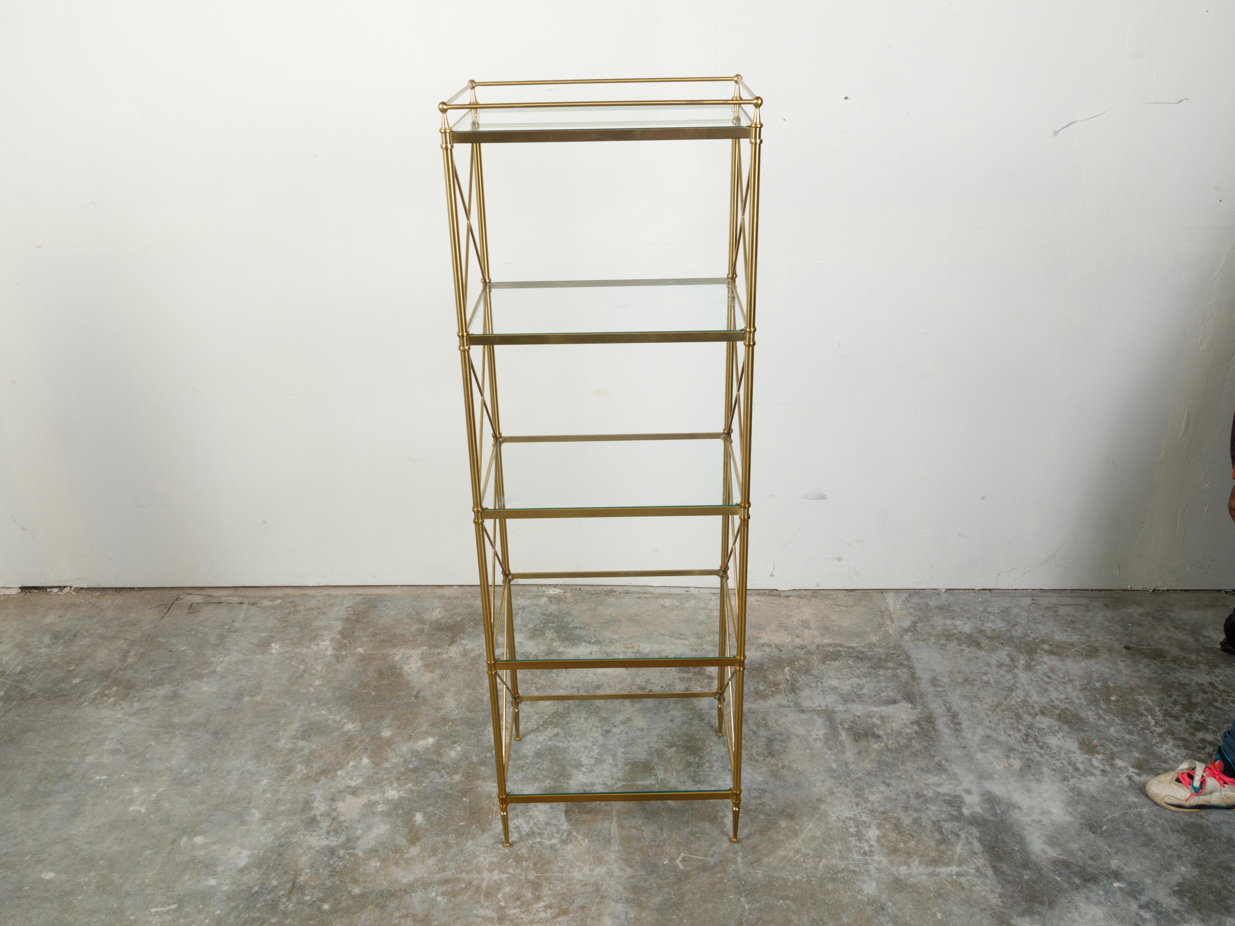 Italian Mid-Century Brass Bookcase with Glass Shelves and X-Form Patterns In Good Condition For Sale In Atlanta, GA