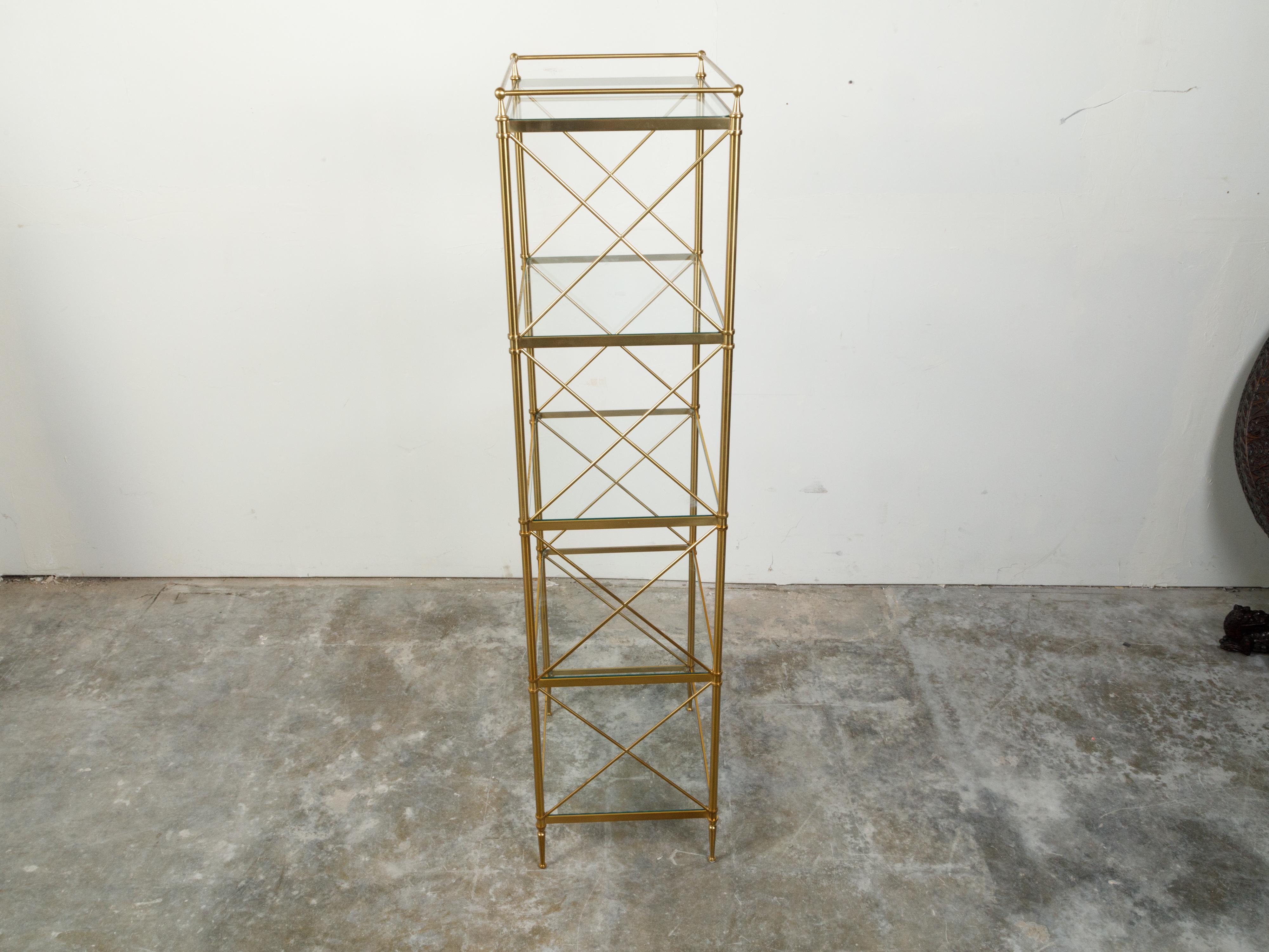 20th Century Italian Mid-Century Brass Bookcase with Glass Shelves and X-Form Patterns For Sale