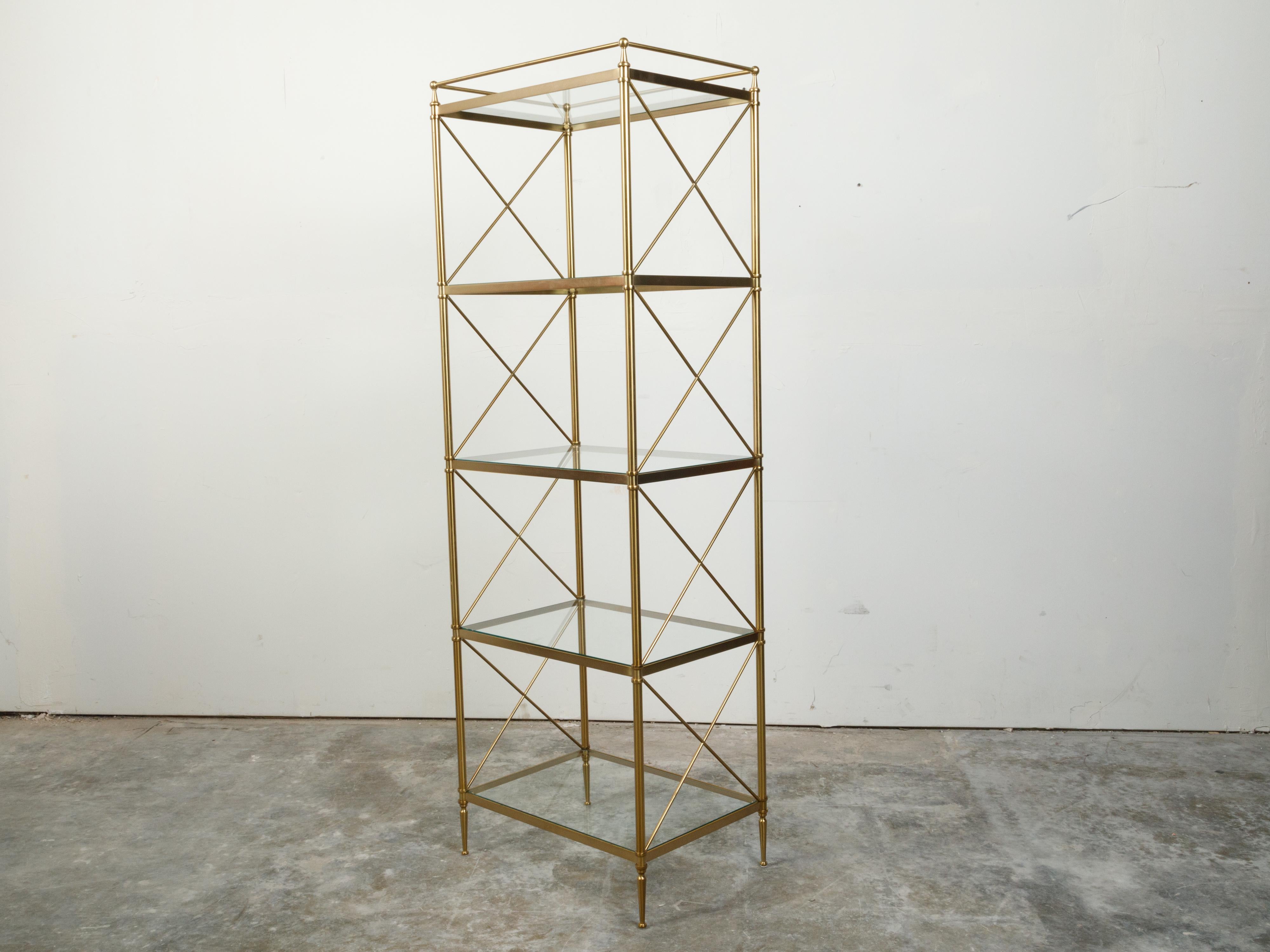 Italian Mid-Century Brass Bookcase with Glass Shelves and X-Form Patterns For Sale 1