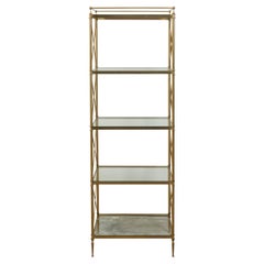 Italian Mid-Century Brass Bookcase with Glass Shelves and X-Form Patterns