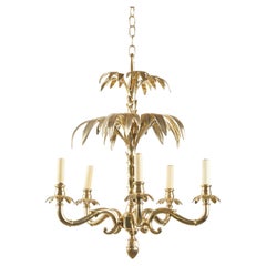 Italian Midcentury Brass Chandelier with Five Scrolling Arms and Foliage Décor
