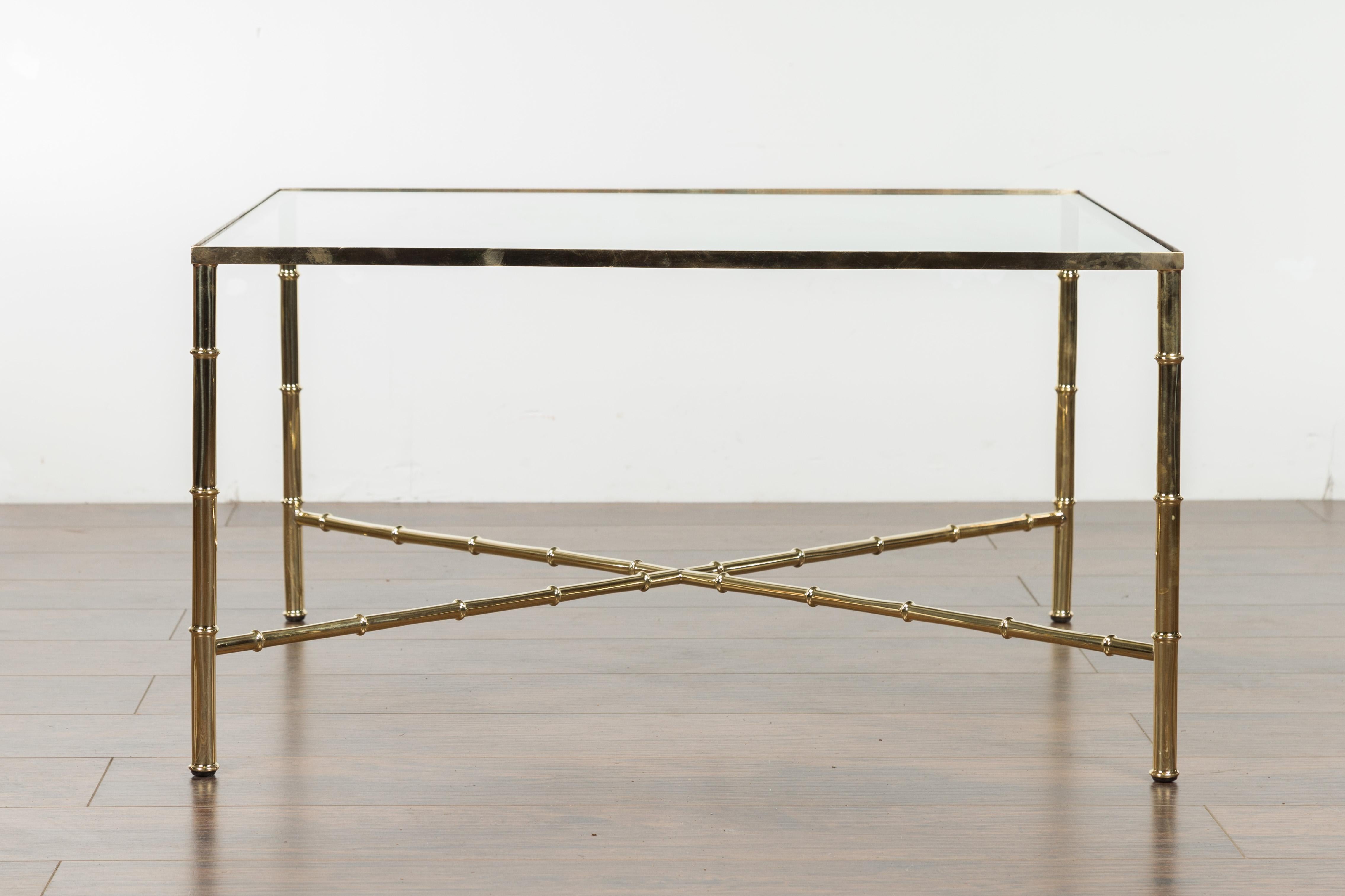 Italian Midcentury Brass Coffee Table with Glass Top and X-Form Cross Stretcher For Sale 5