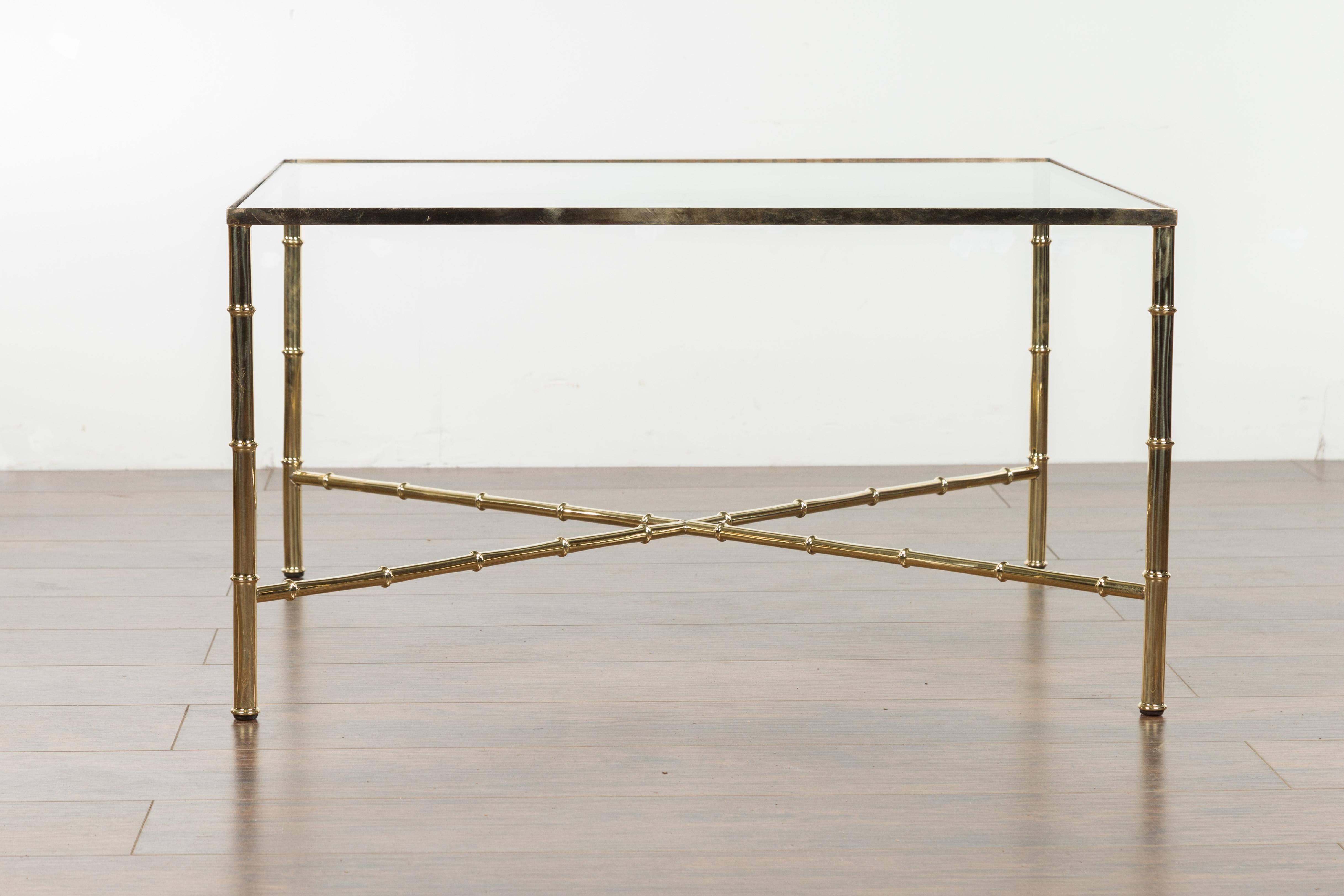 Italian Midcentury Brass Coffee Table with Glass Top and X-Form Cross Stretcher For Sale 6