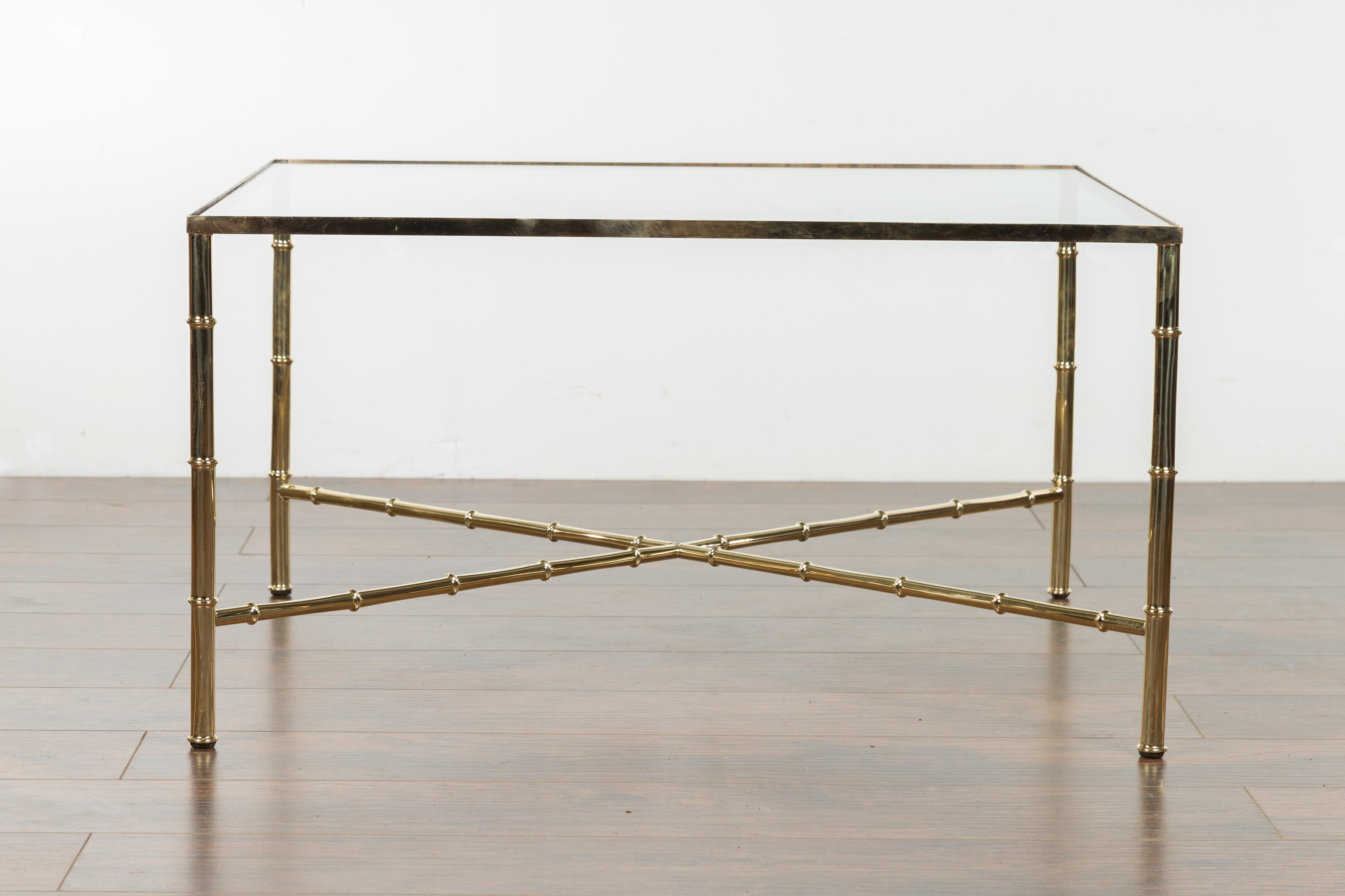 Italian Midcentury Brass Coffee Table with Glass Top and X-Form Cross Stretcher For Sale 7