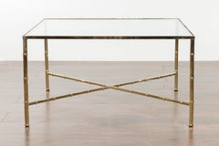 Italian Midcentury Brass Coffee Table with Glass Top and X-Form Cross Stretcher
