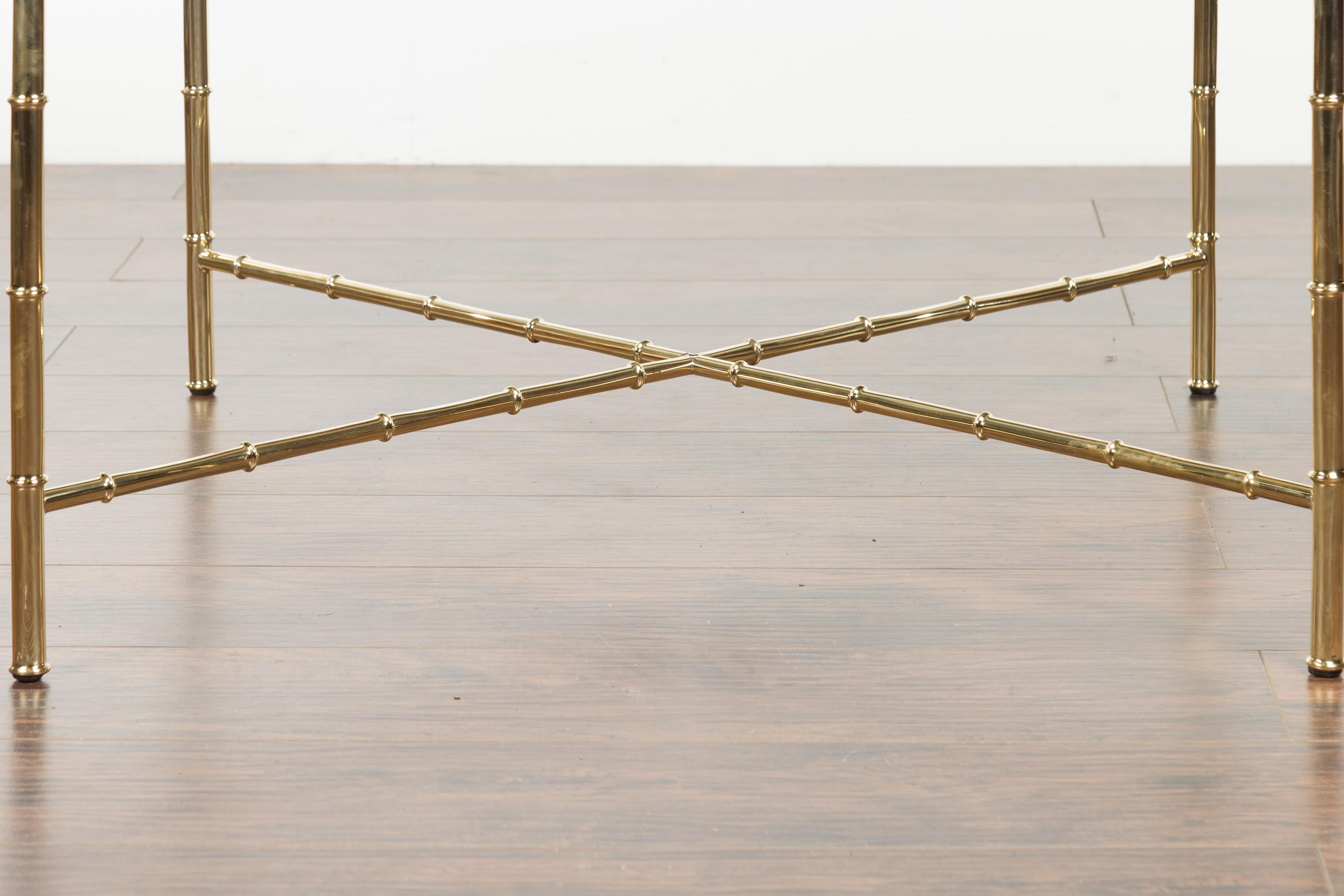 Mid-Century Modern Italian Midcentury Brass Coffee Table with Glass Top and X-Form Cross Stretcher For Sale