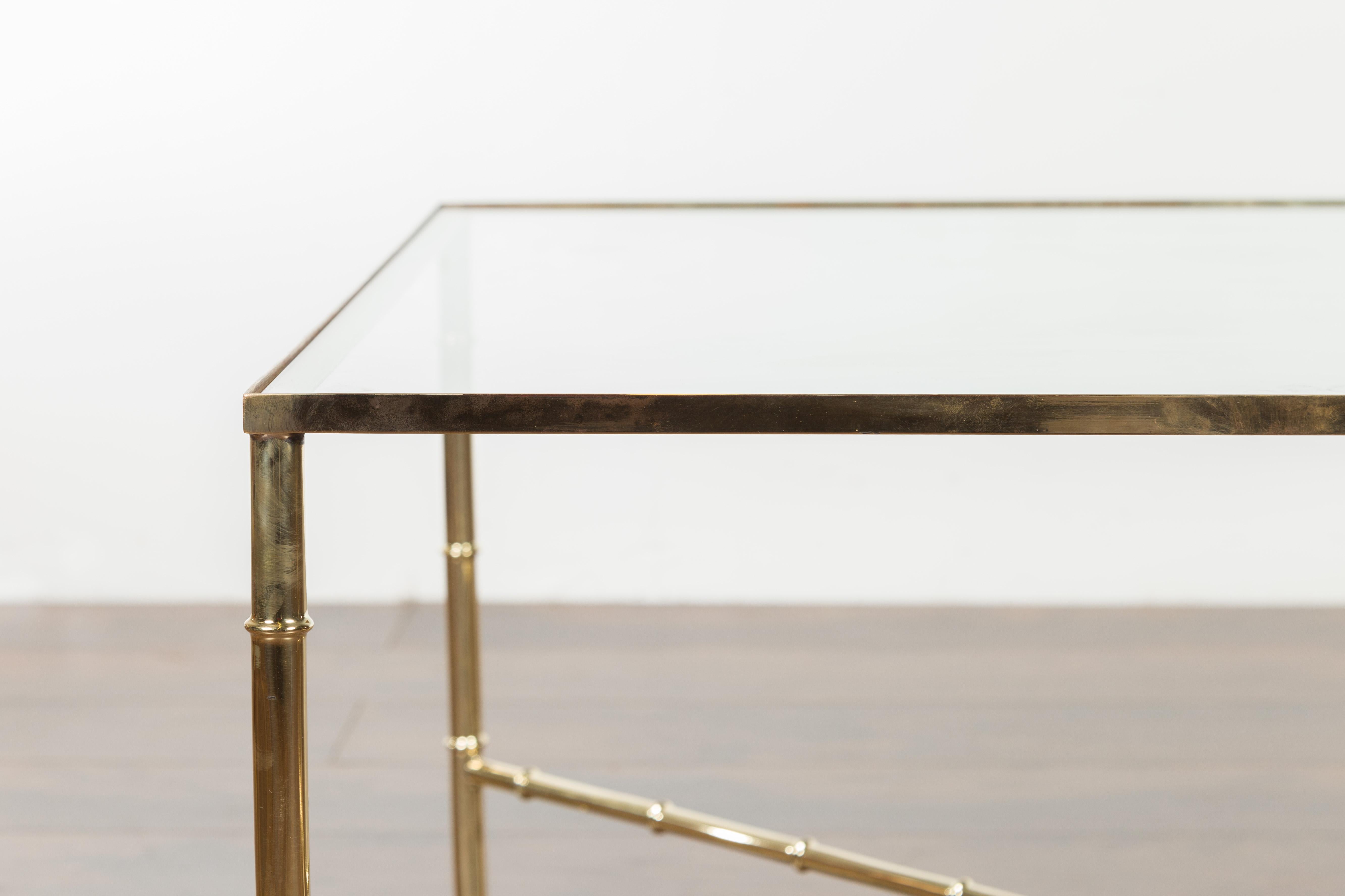 20th Century Italian Midcentury Brass Coffee Table with Glass Top and X-Form Cross Stretcher For Sale
