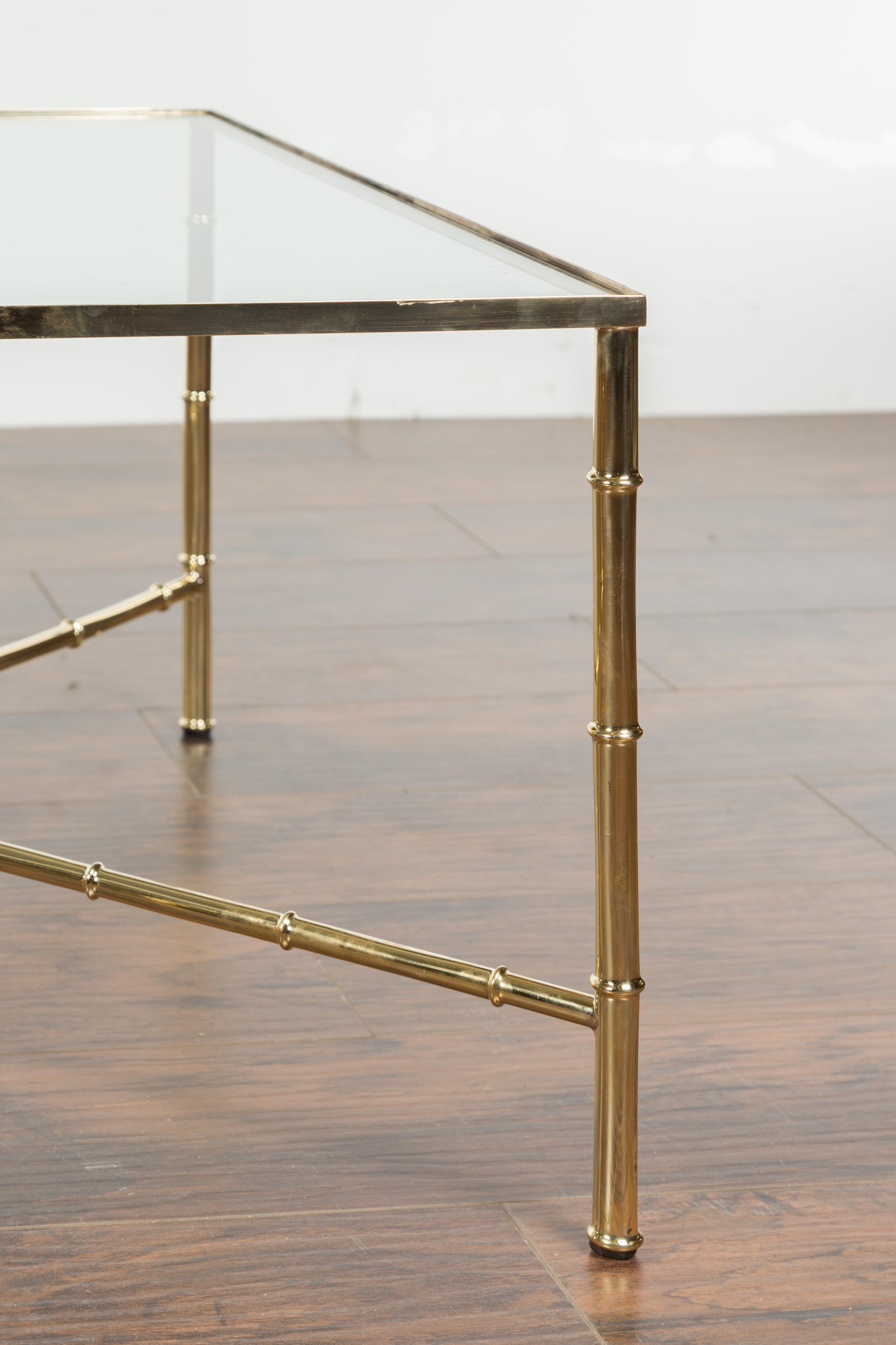 Italian Midcentury Brass Coffee Table with Glass Top and X-Form Cross Stretcher For Sale 1