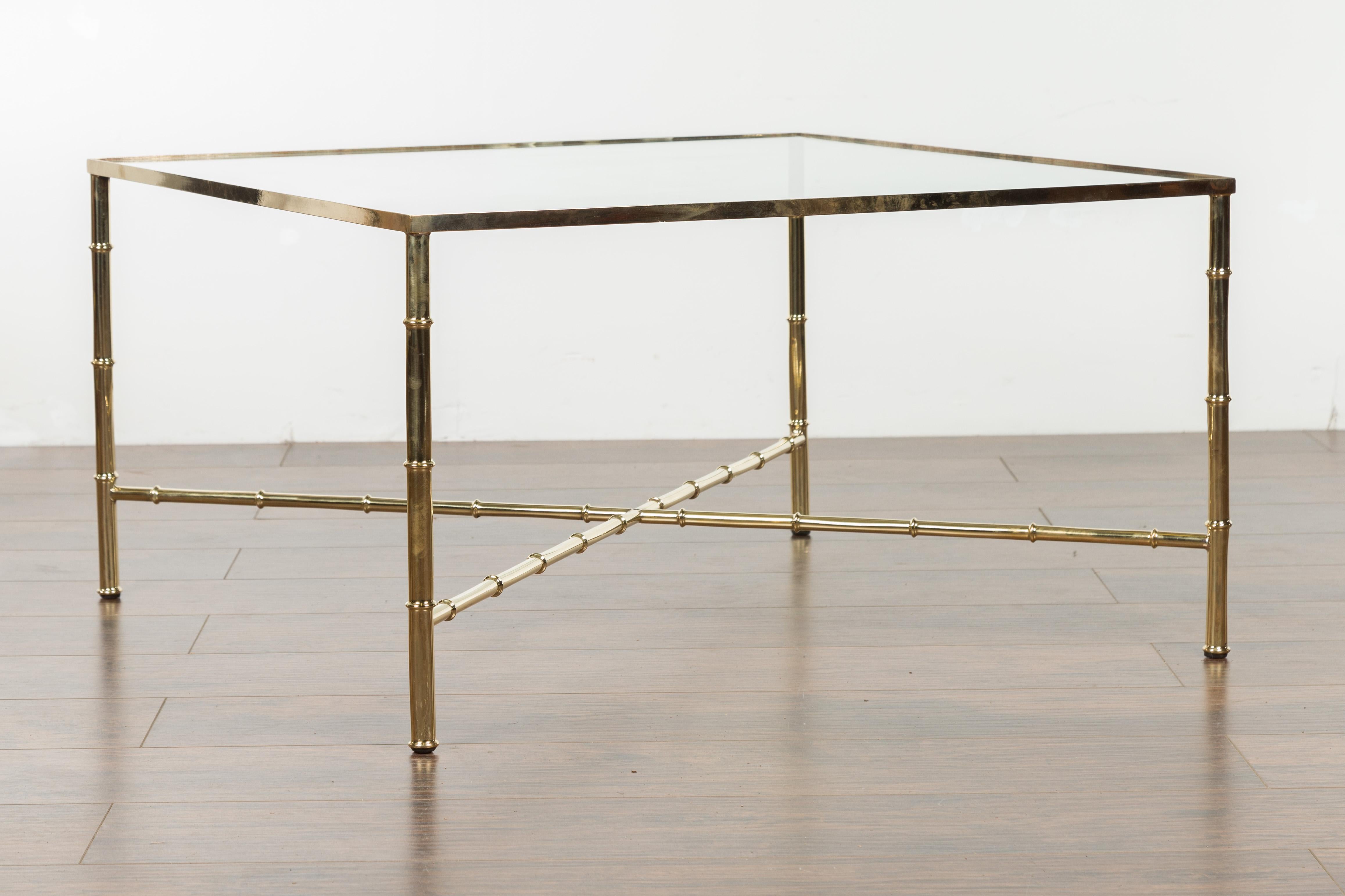 Italian Midcentury Brass Coffee Table with Glass Top and X-Form Cross Stretcher For Sale 3