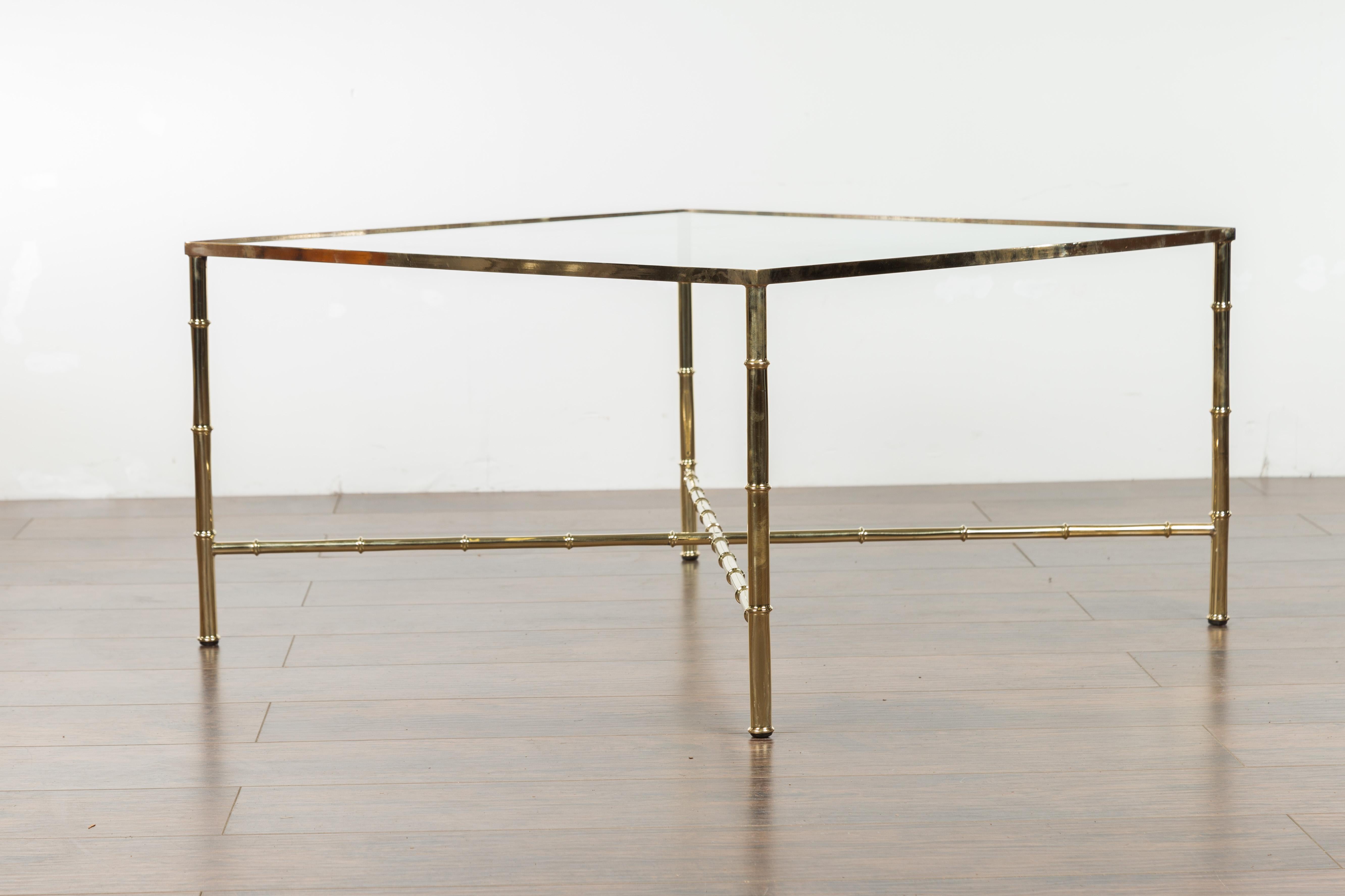 Italian Midcentury Brass Coffee Table with Glass Top and X-Form Cross Stretcher For Sale 4