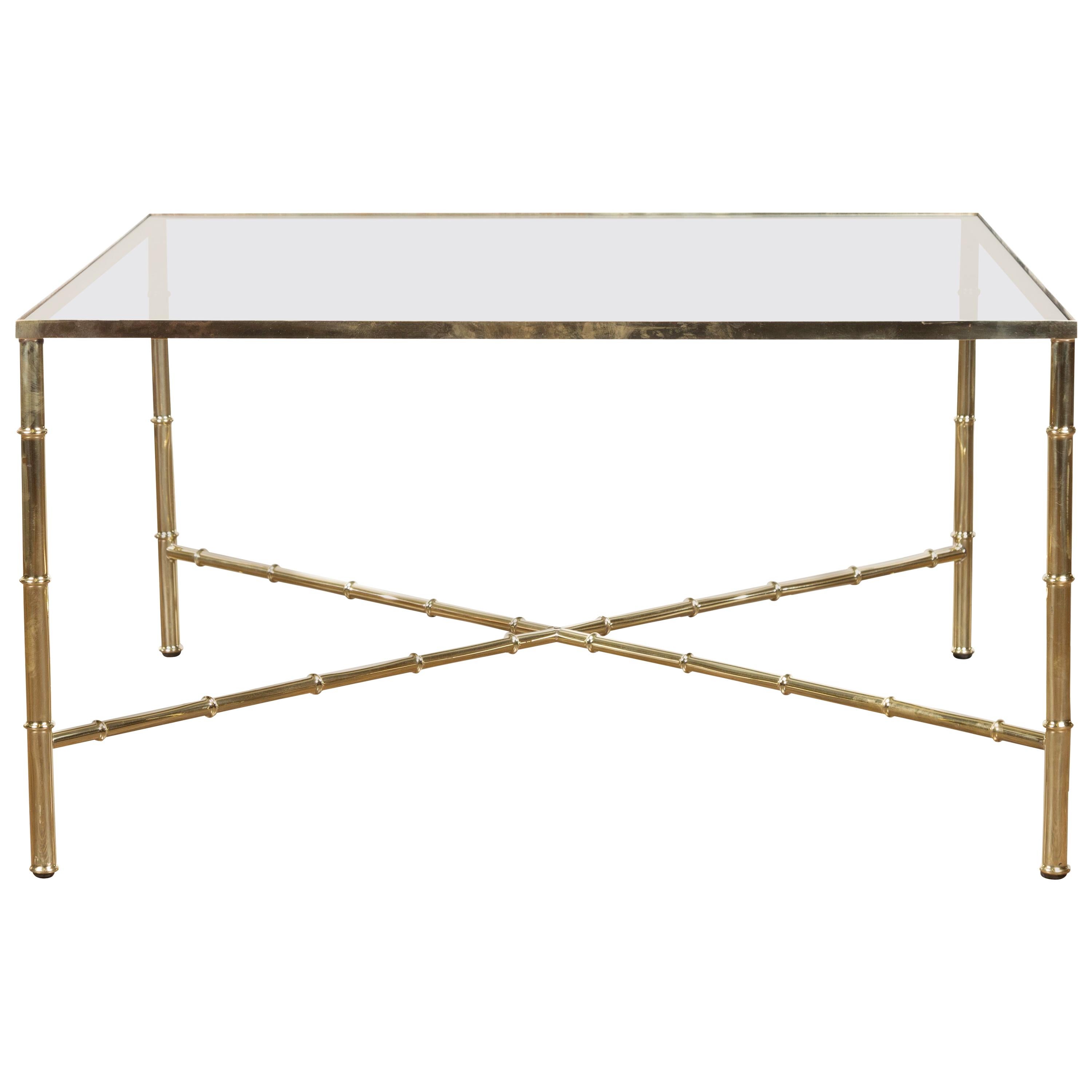 Italian Midcentury Brass Coffee Table with Glass Top and X-Form Cross Stretcher For Sale