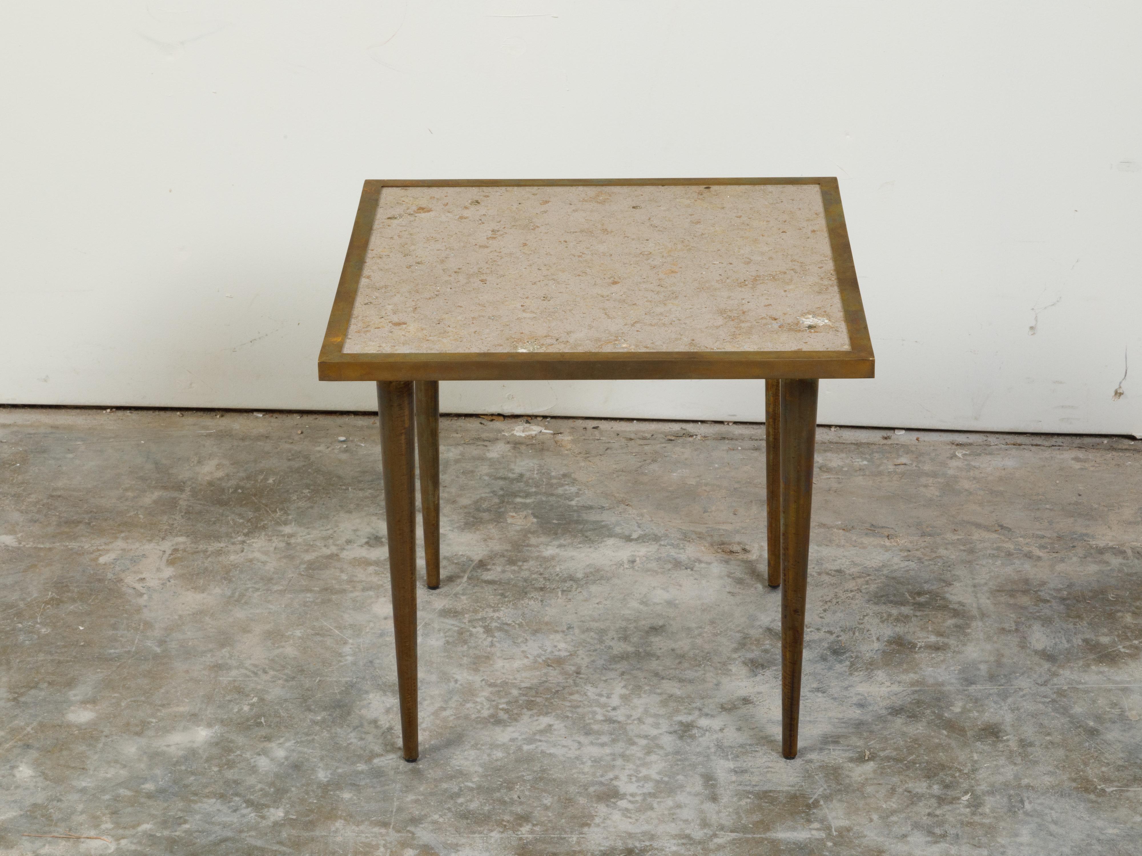 Italian Midcentury Brass Coffee Table with Marble Top and Tapered Legs In Good Condition For Sale In Atlanta, GA