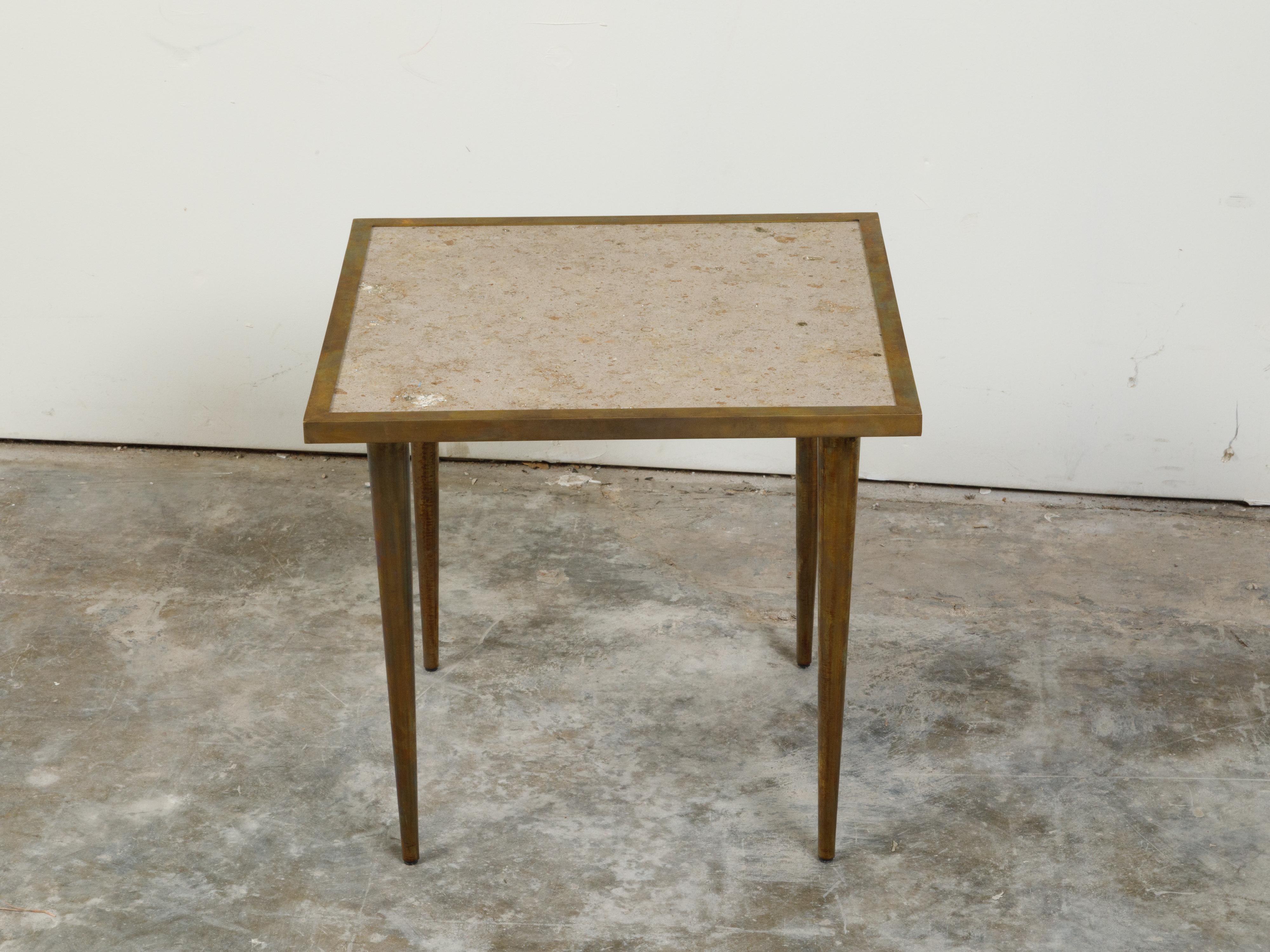 20th Century Italian Midcentury Brass Coffee Table with Marble Top and Tapered Legs For Sale