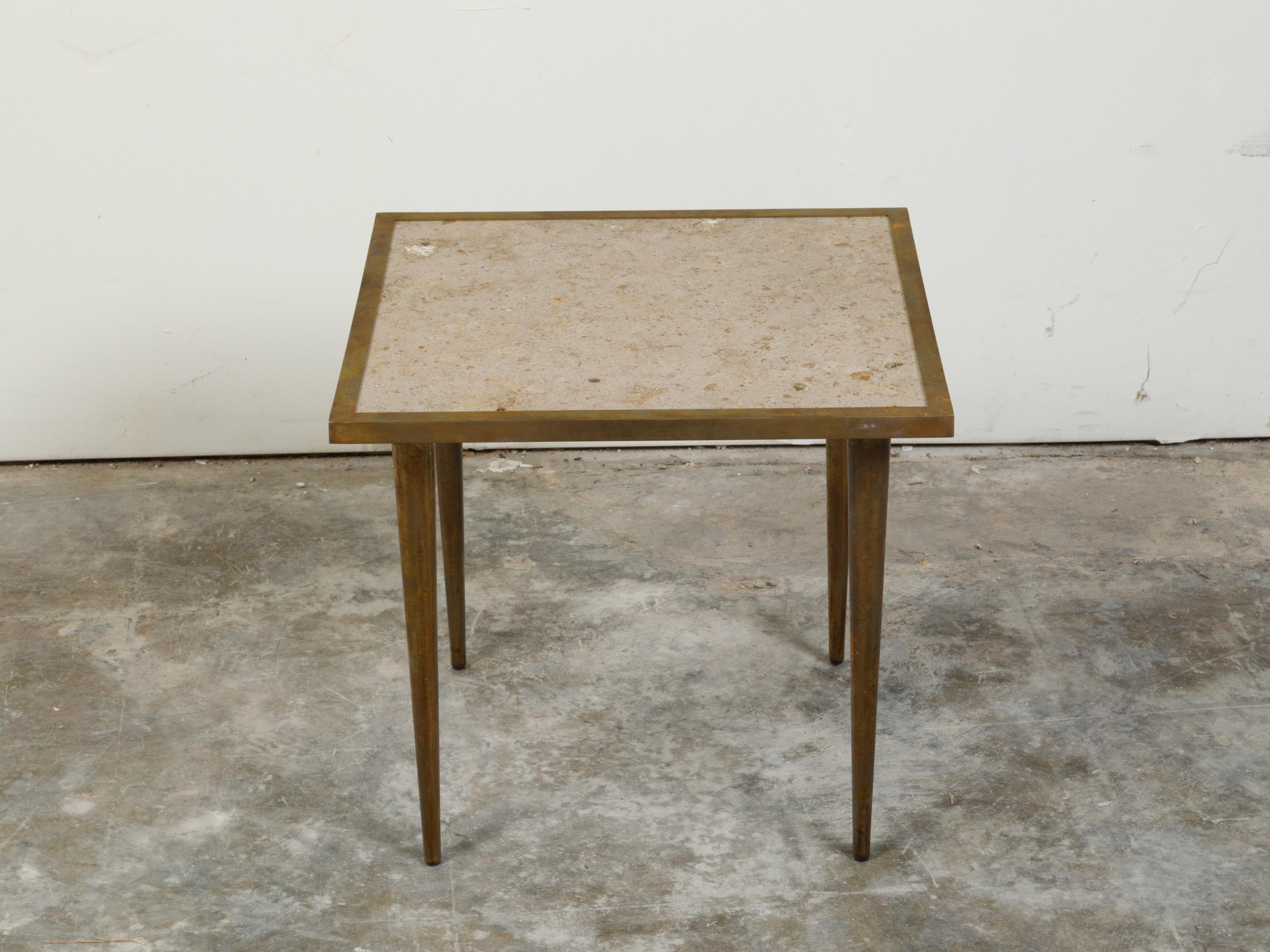 Italian Midcentury Brass Coffee Table with Marble Top and Tapered Legs For Sale 1