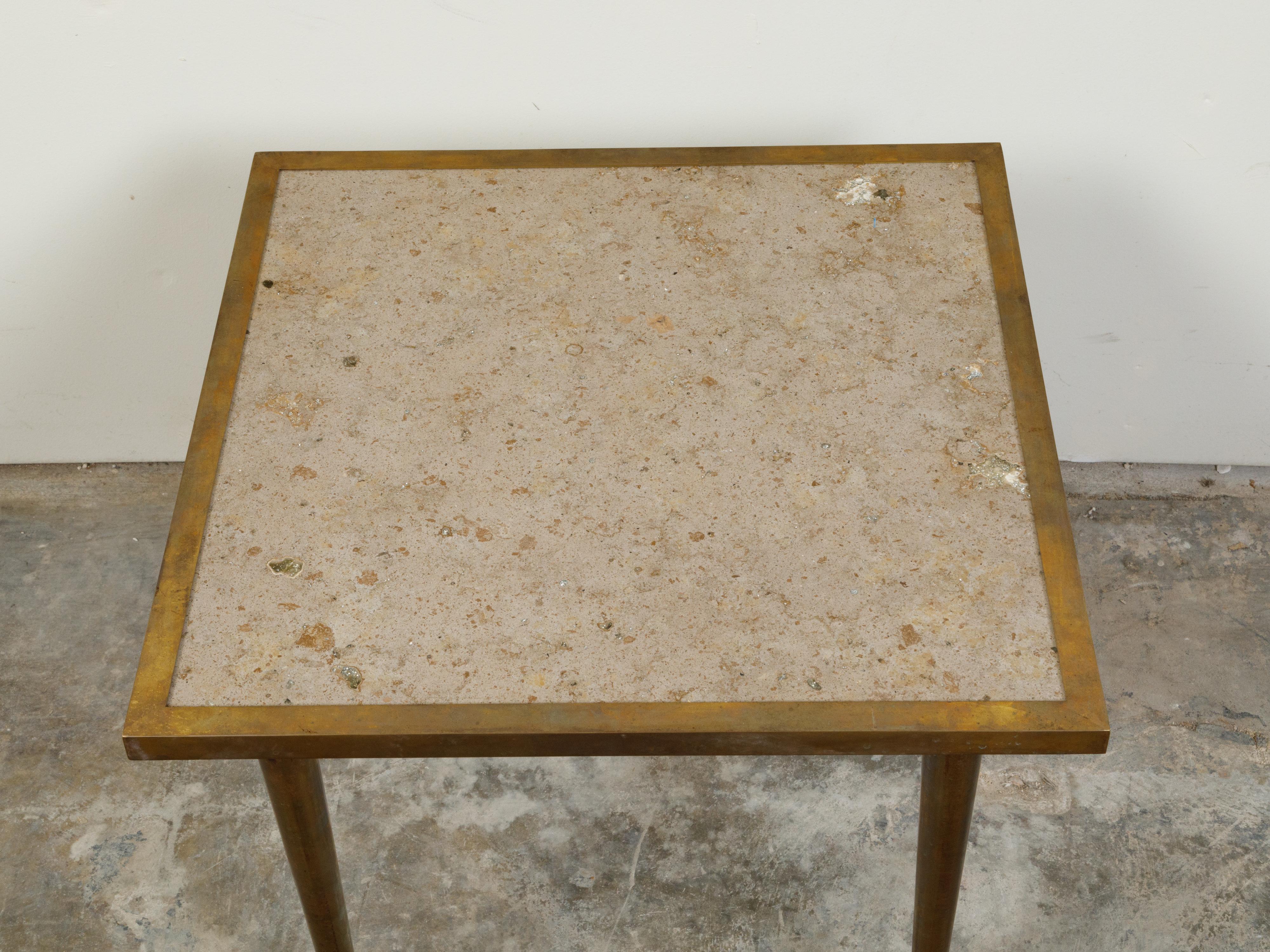 Italian Midcentury Brass Coffee Table with Marble Top and Tapered Legs For Sale 3