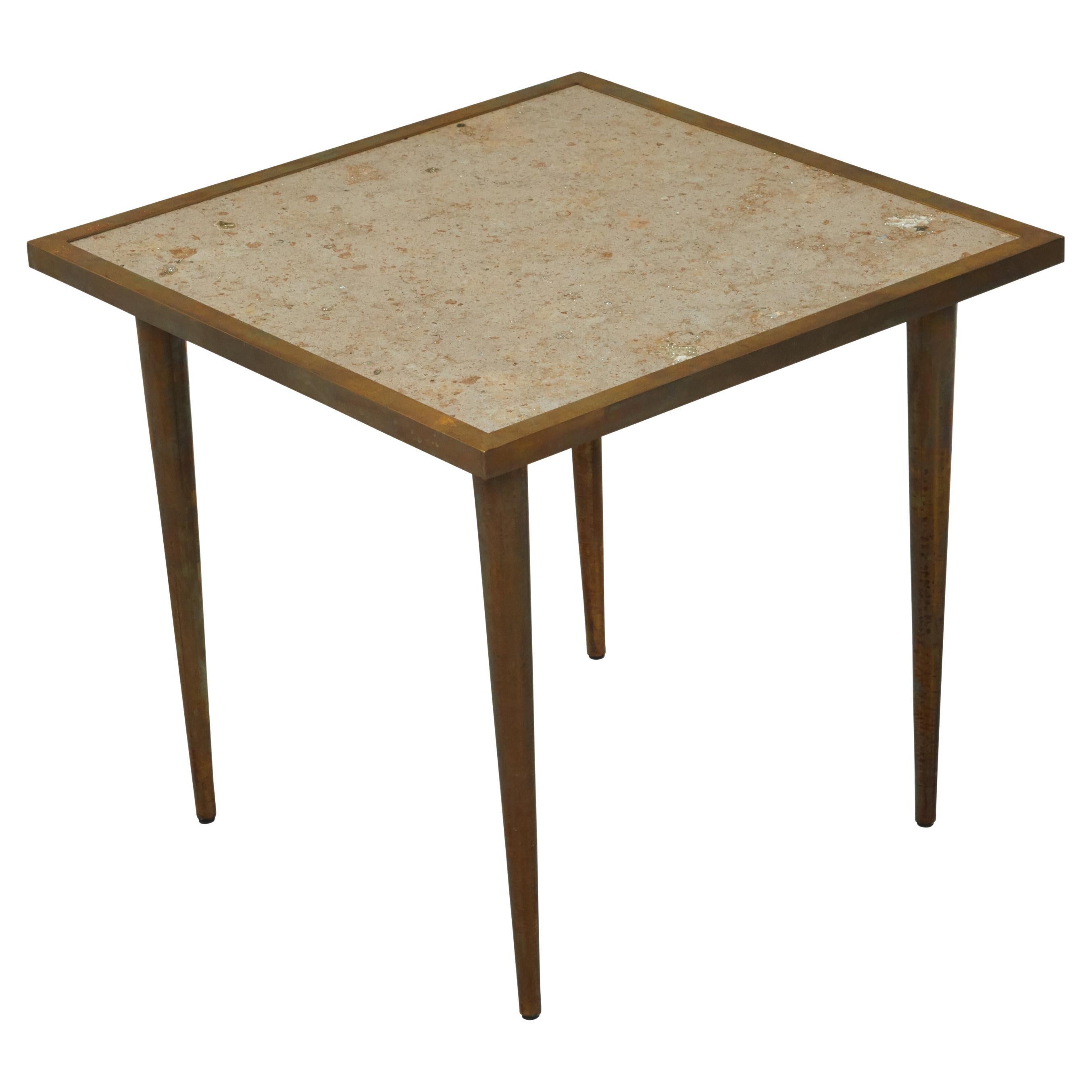 Italian Midcentury Brass Coffee Table with Marble Top and Tapered Legs For Sale