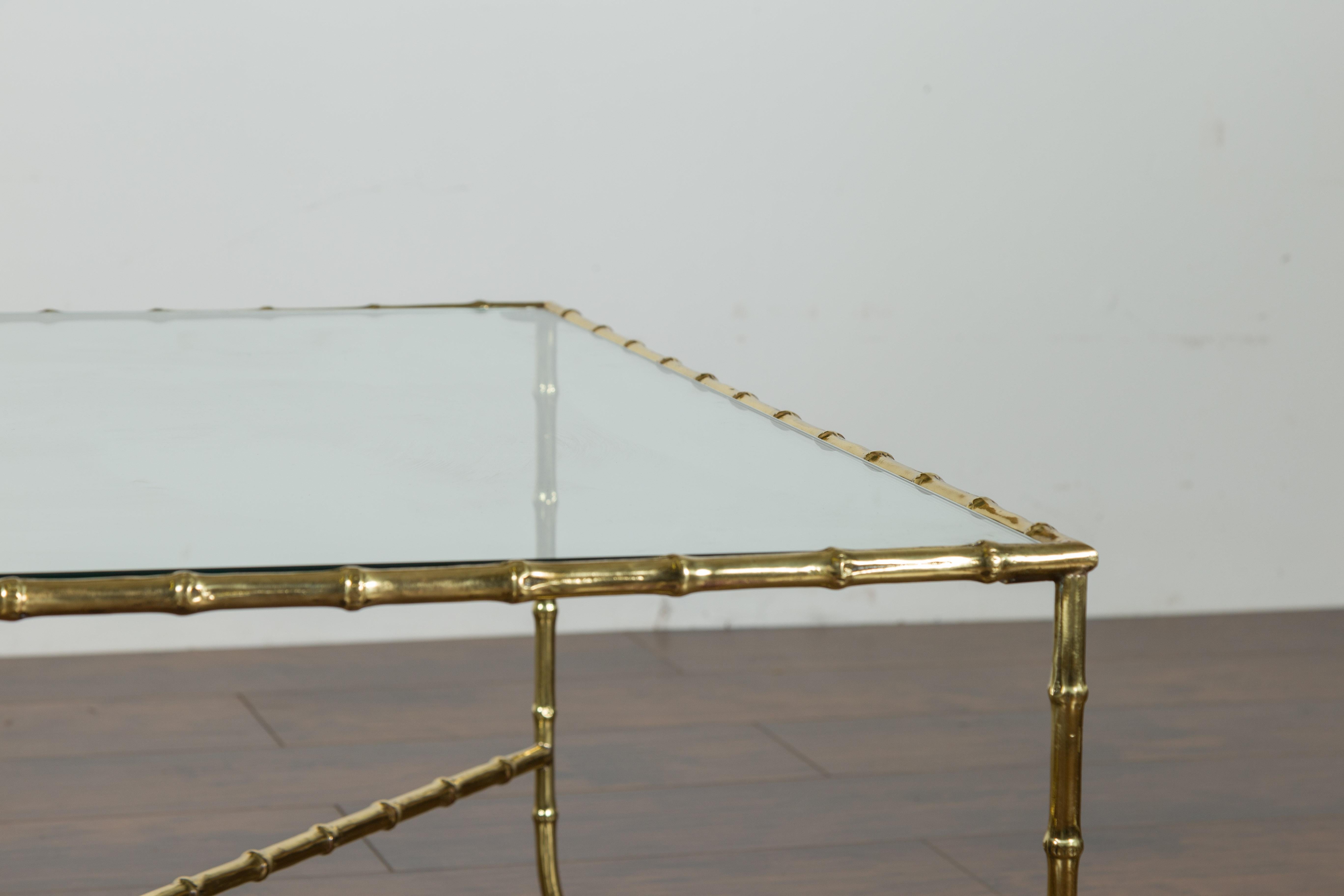 Italian Midcentury Brass Faux Bamboo Coffee Table with Glass Top and Stretcher For Sale 4