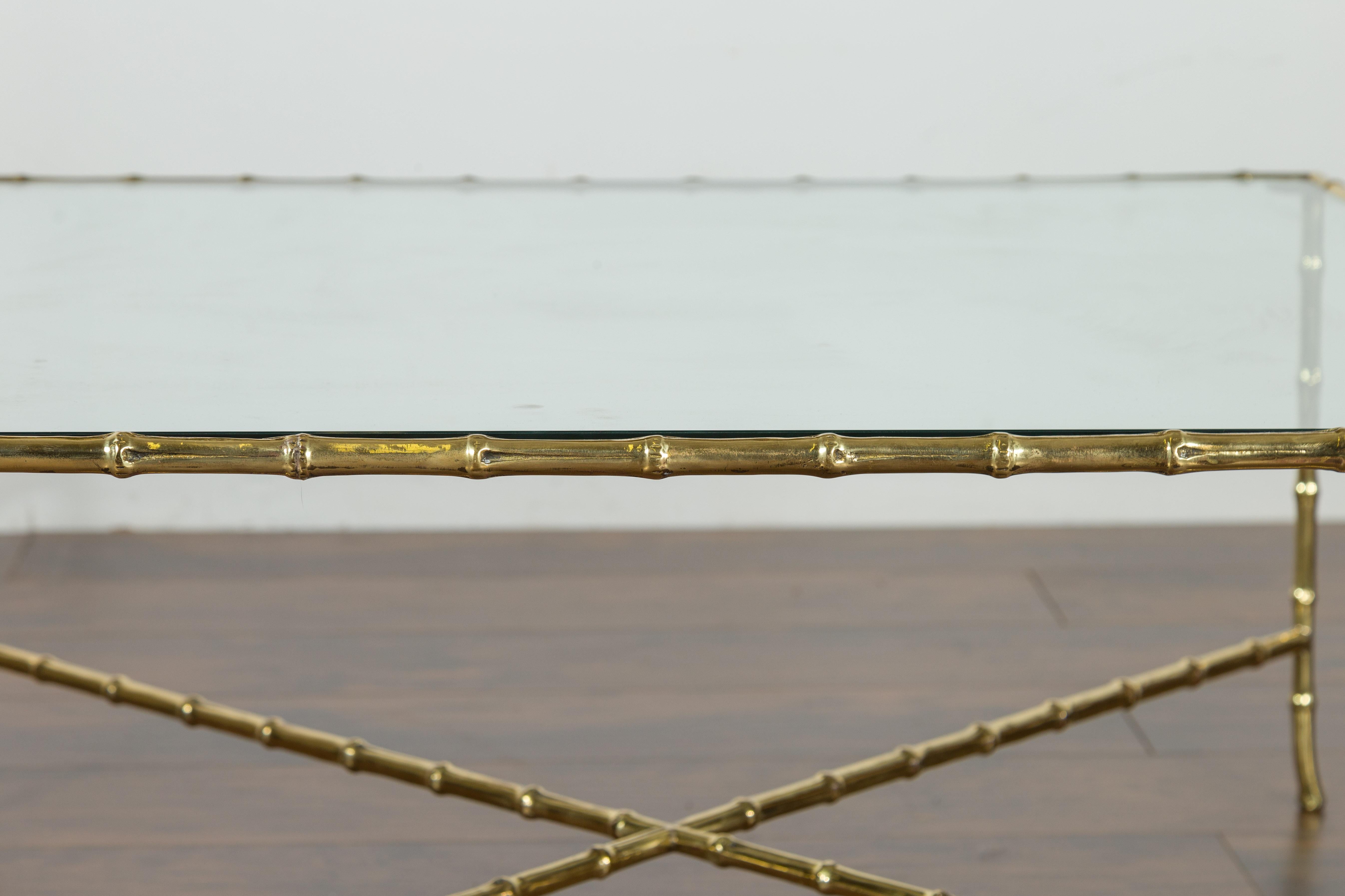 Italian Midcentury Brass Faux Bamboo Coffee Table with Glass Top and Stretcher For Sale 5
