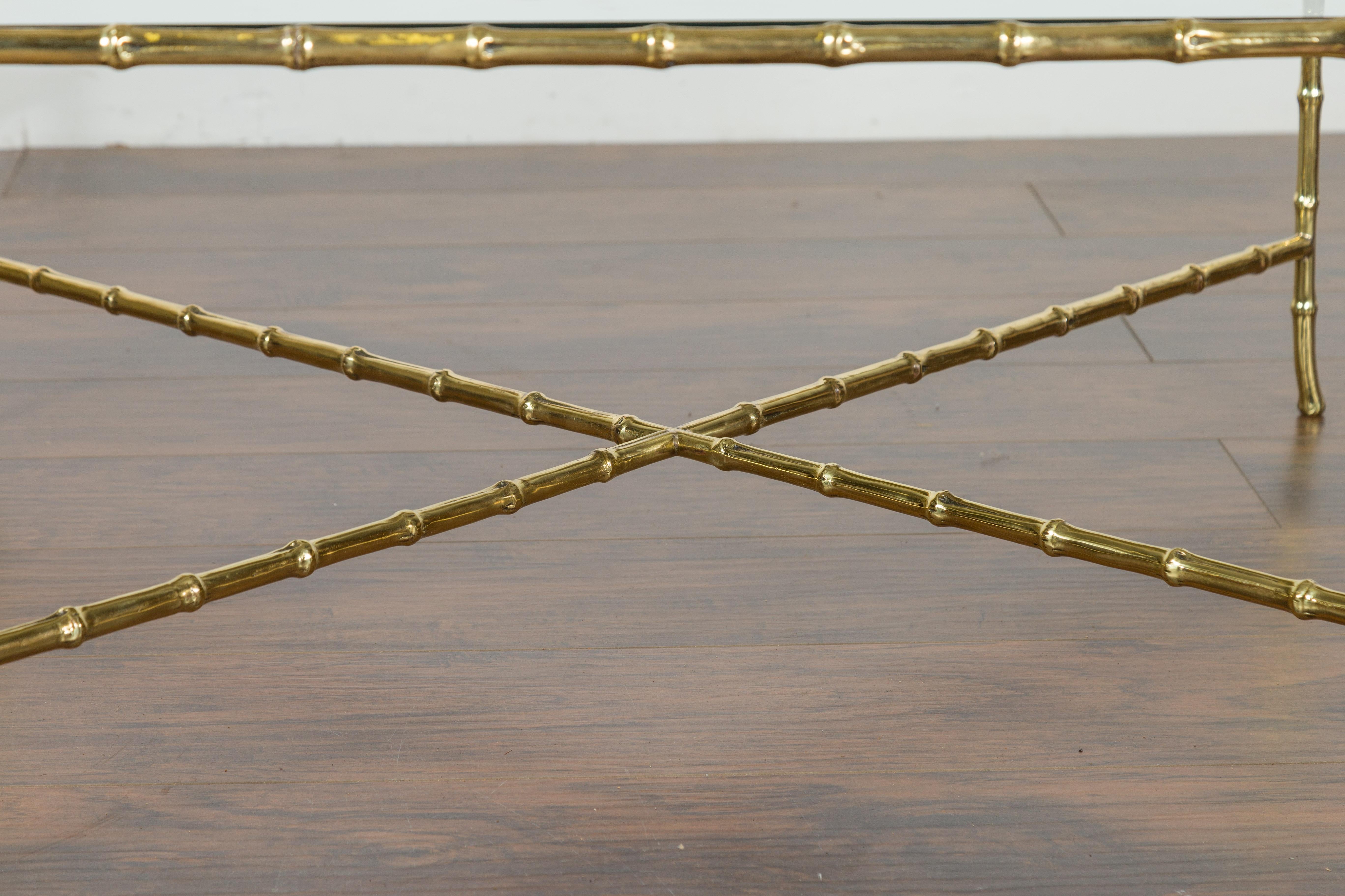 Italian Midcentury Brass Faux Bamboo Coffee Table with Glass Top and Stretcher For Sale 6