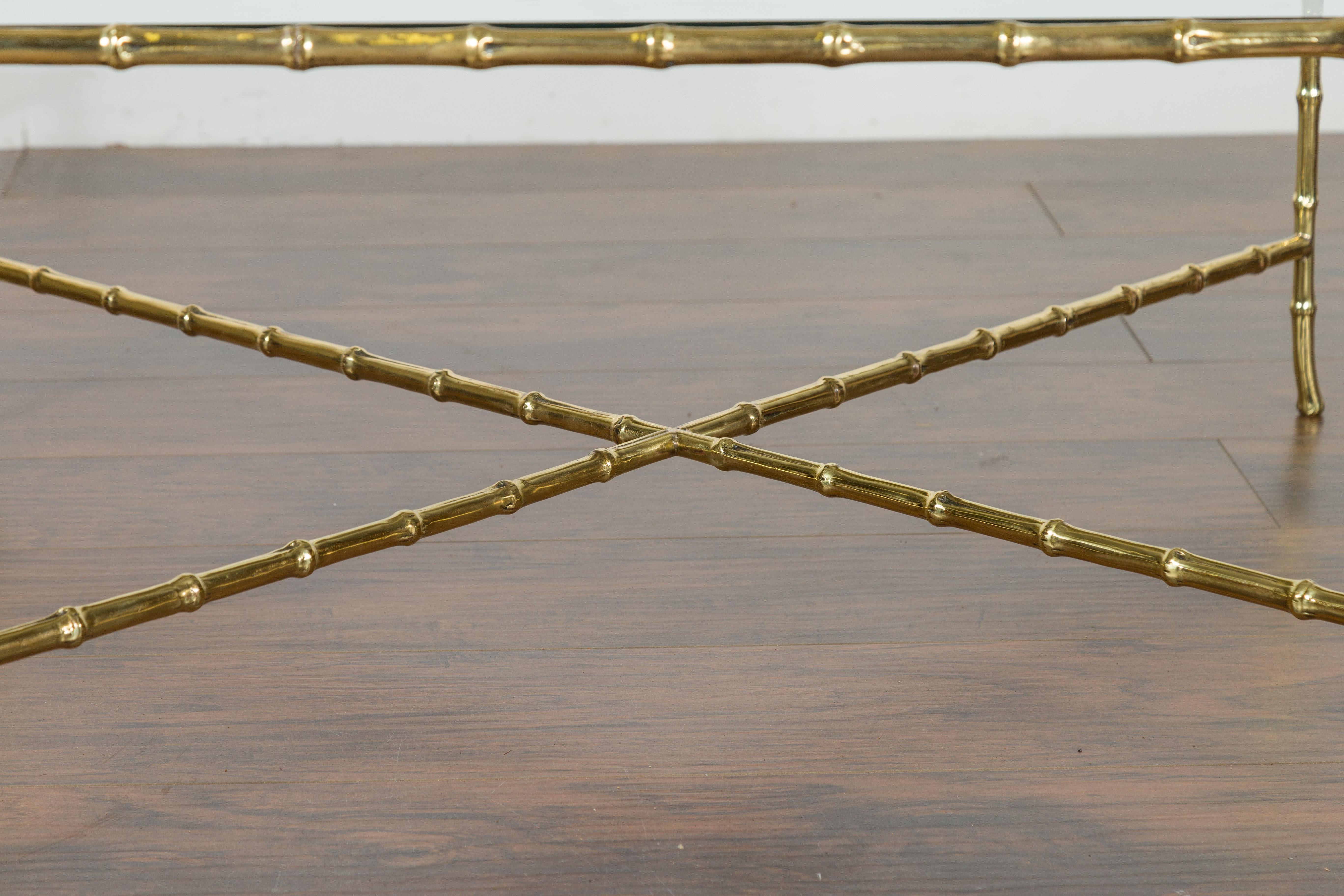 Italian Midcentury Brass Faux Bamboo Coffee Table with Glass Top and Stretcher 6
