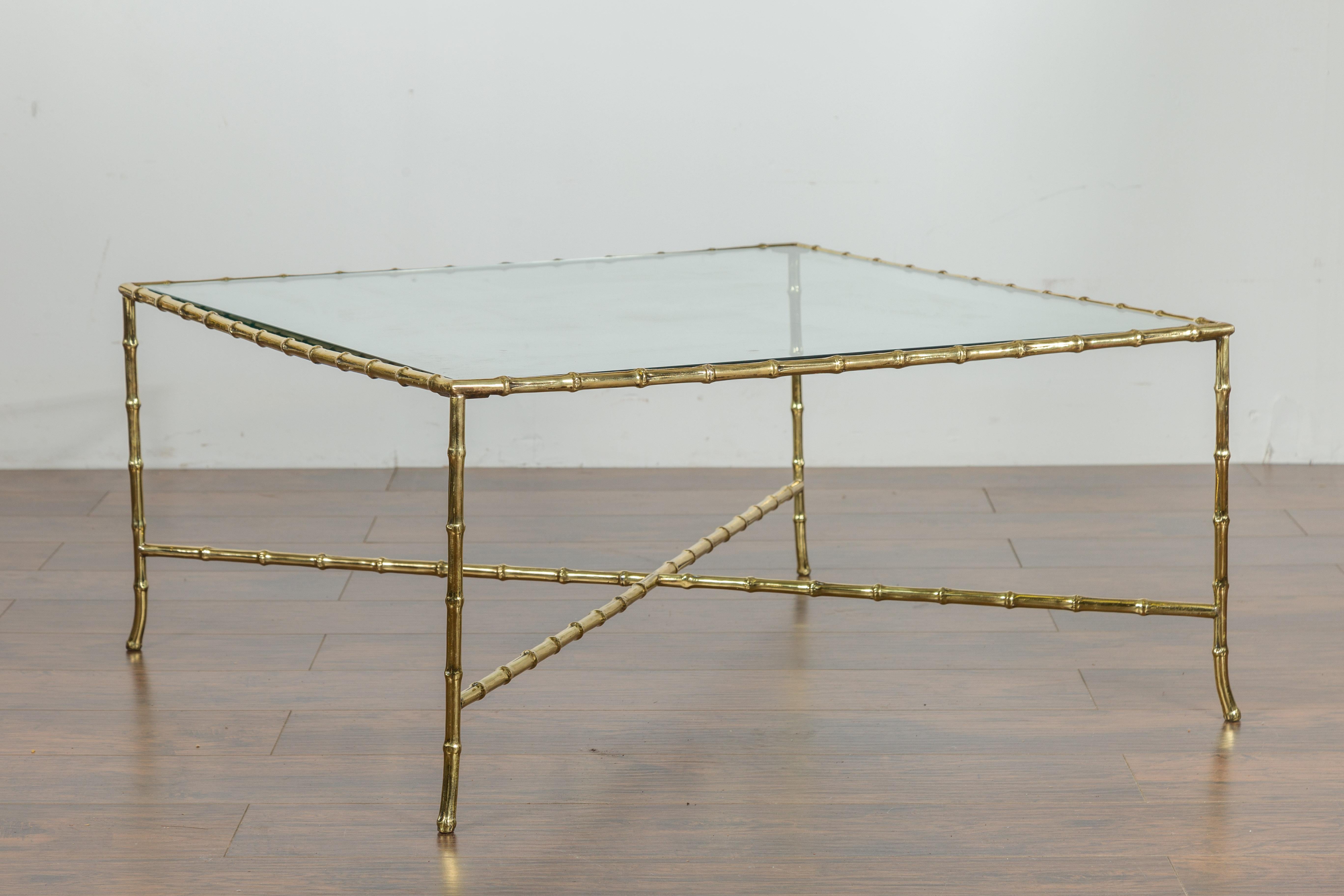 Italian Midcentury Brass Faux Bamboo Coffee Table with Glass Top and Stretcher For Sale 7