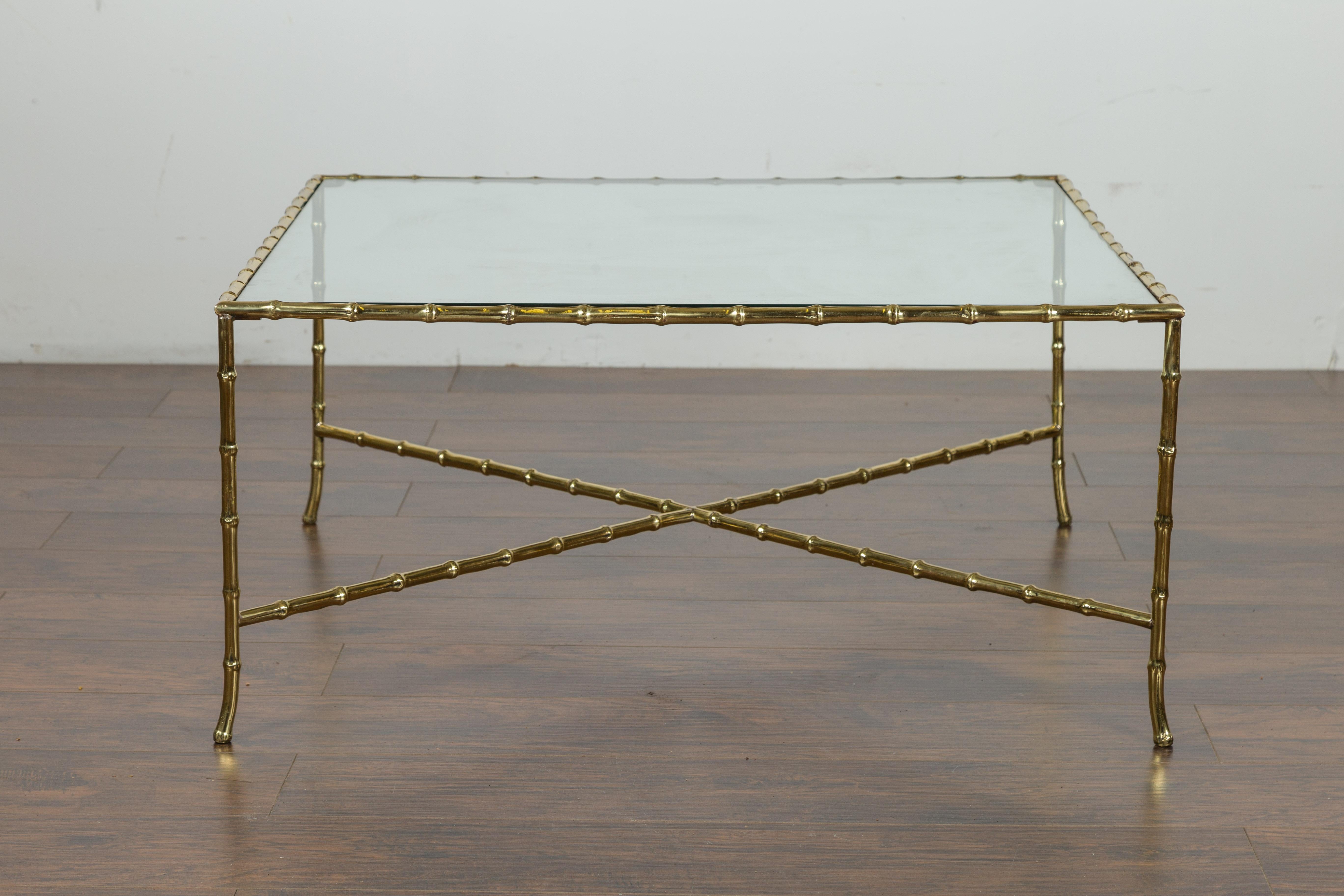 Italian Midcentury Brass Faux Bamboo Coffee Table with Glass Top and Stretcher For Sale 8