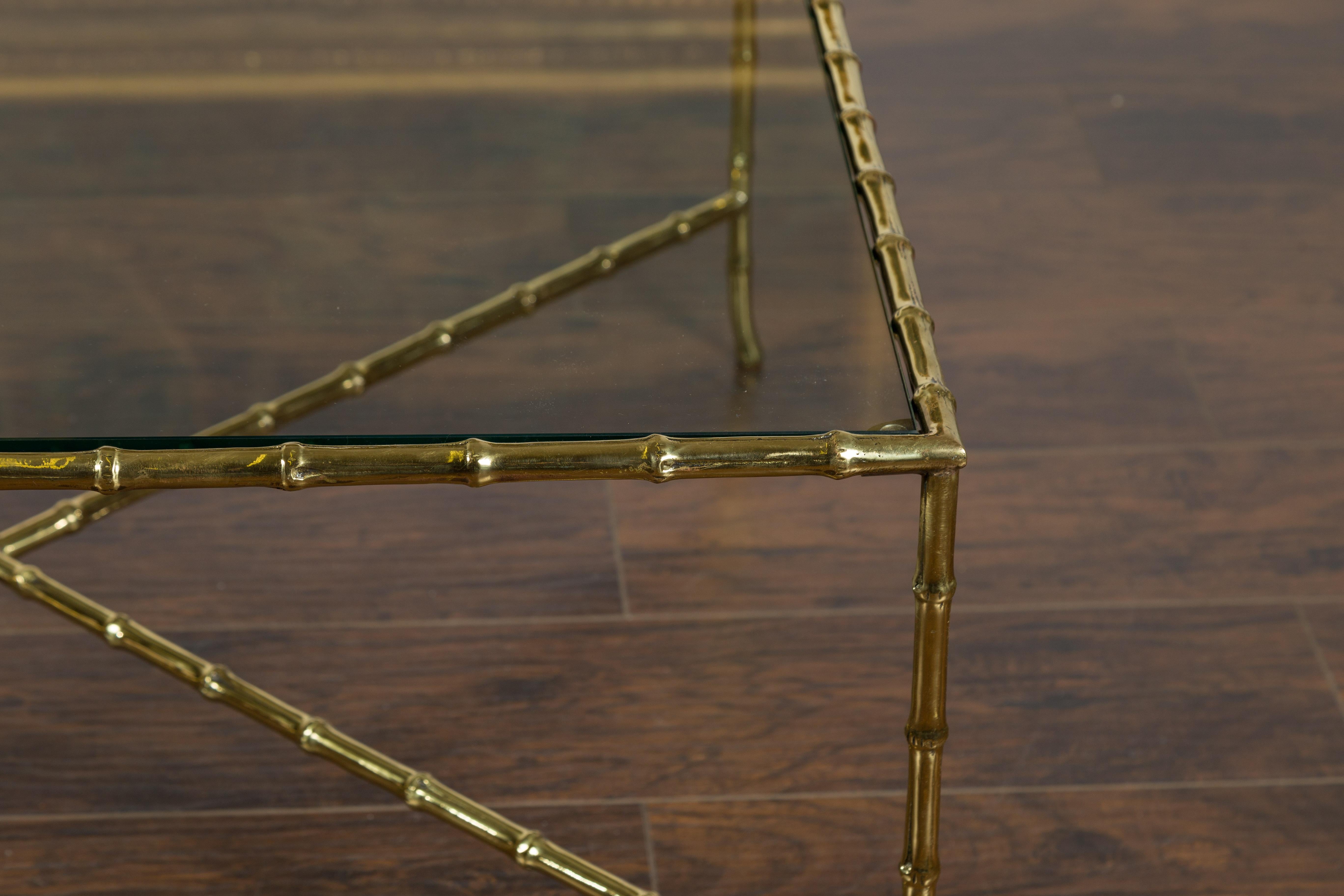Italian Midcentury Brass Faux Bamboo Coffee Table with Glass Top and Stretcher In Good Condition For Sale In Atlanta, GA