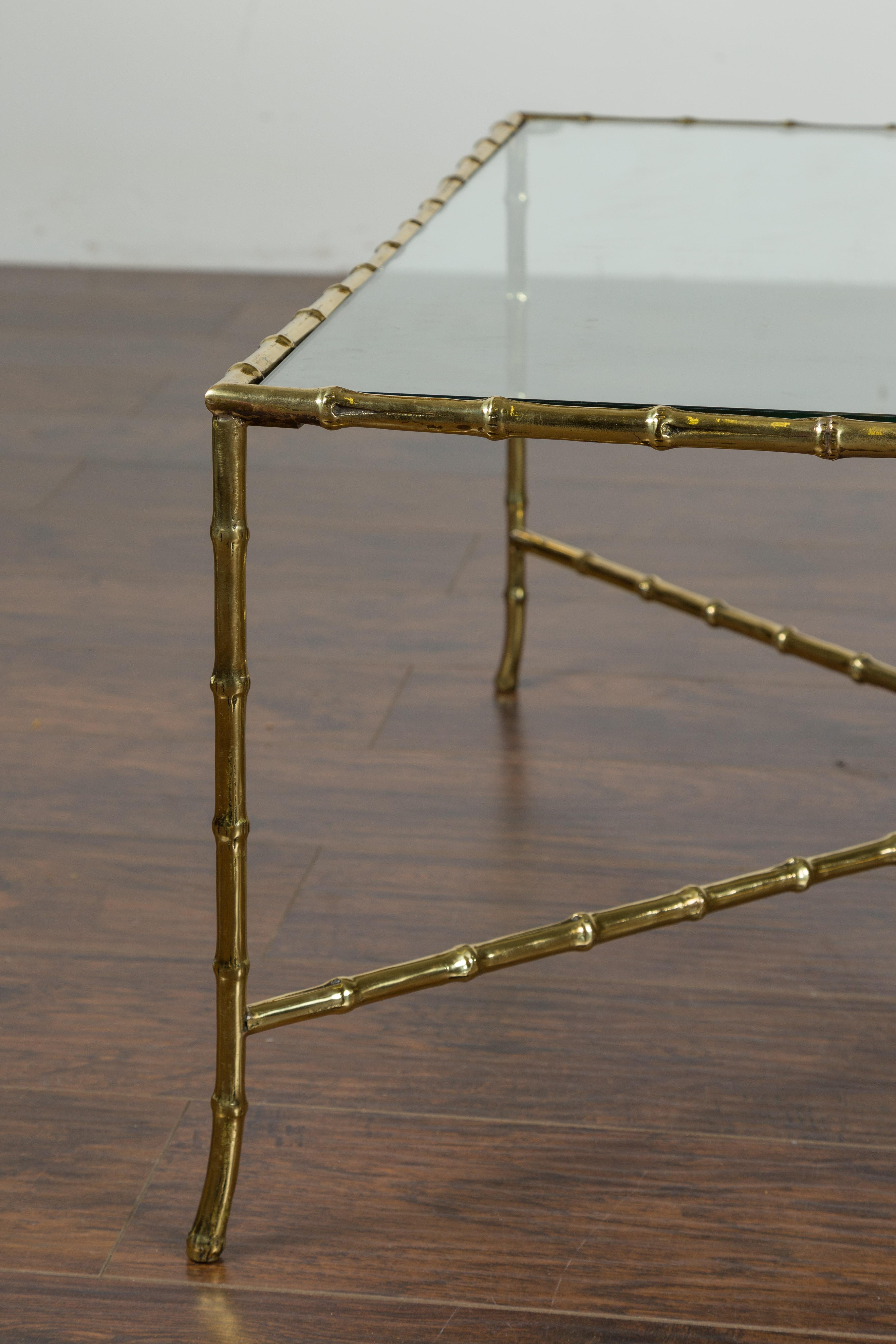20th Century Italian Midcentury Brass Faux Bamboo Coffee Table with Glass Top and Stretcher For Sale