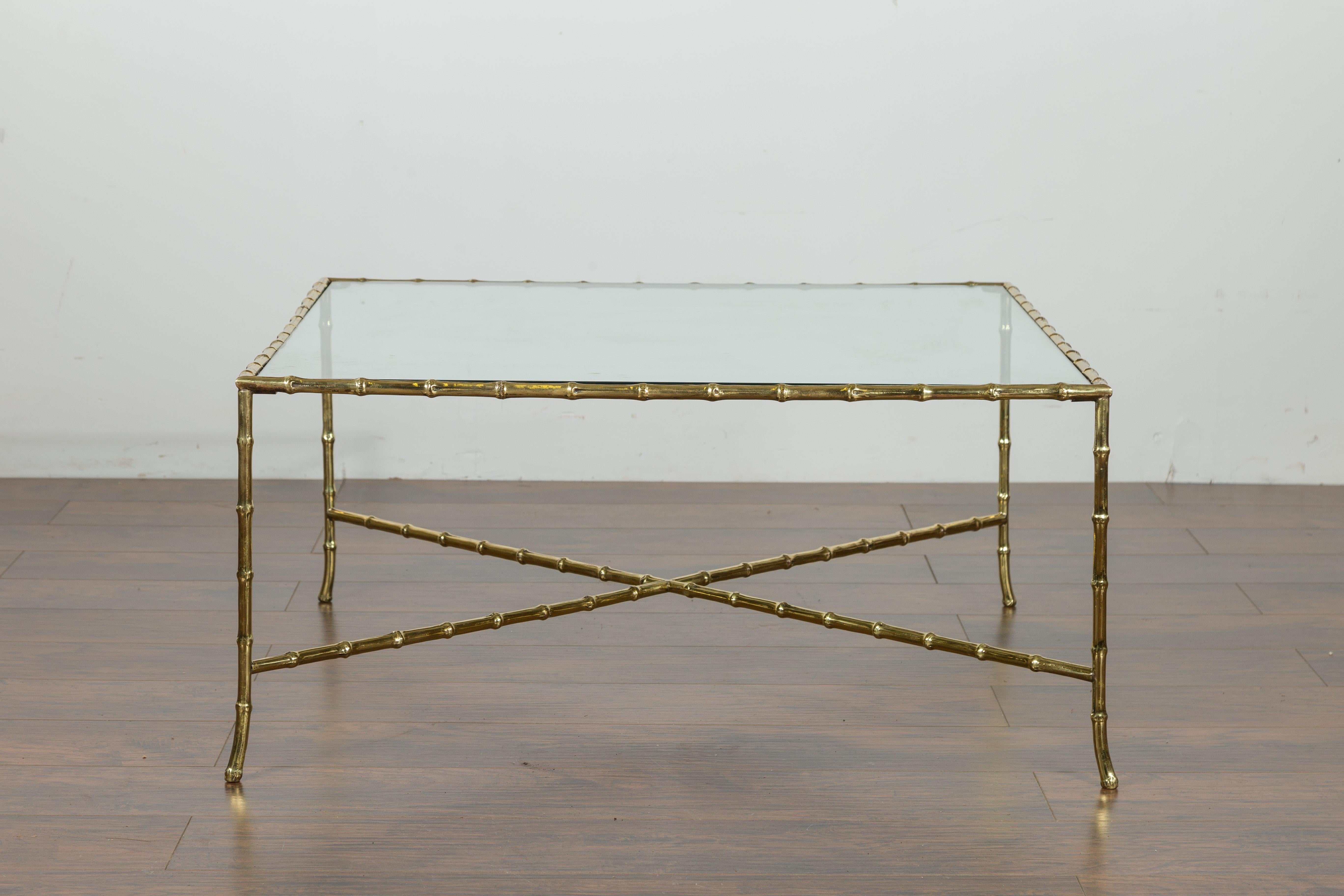 Italian Midcentury Brass Faux Bamboo Coffee Table with Glass Top and Stretcher For Sale 1