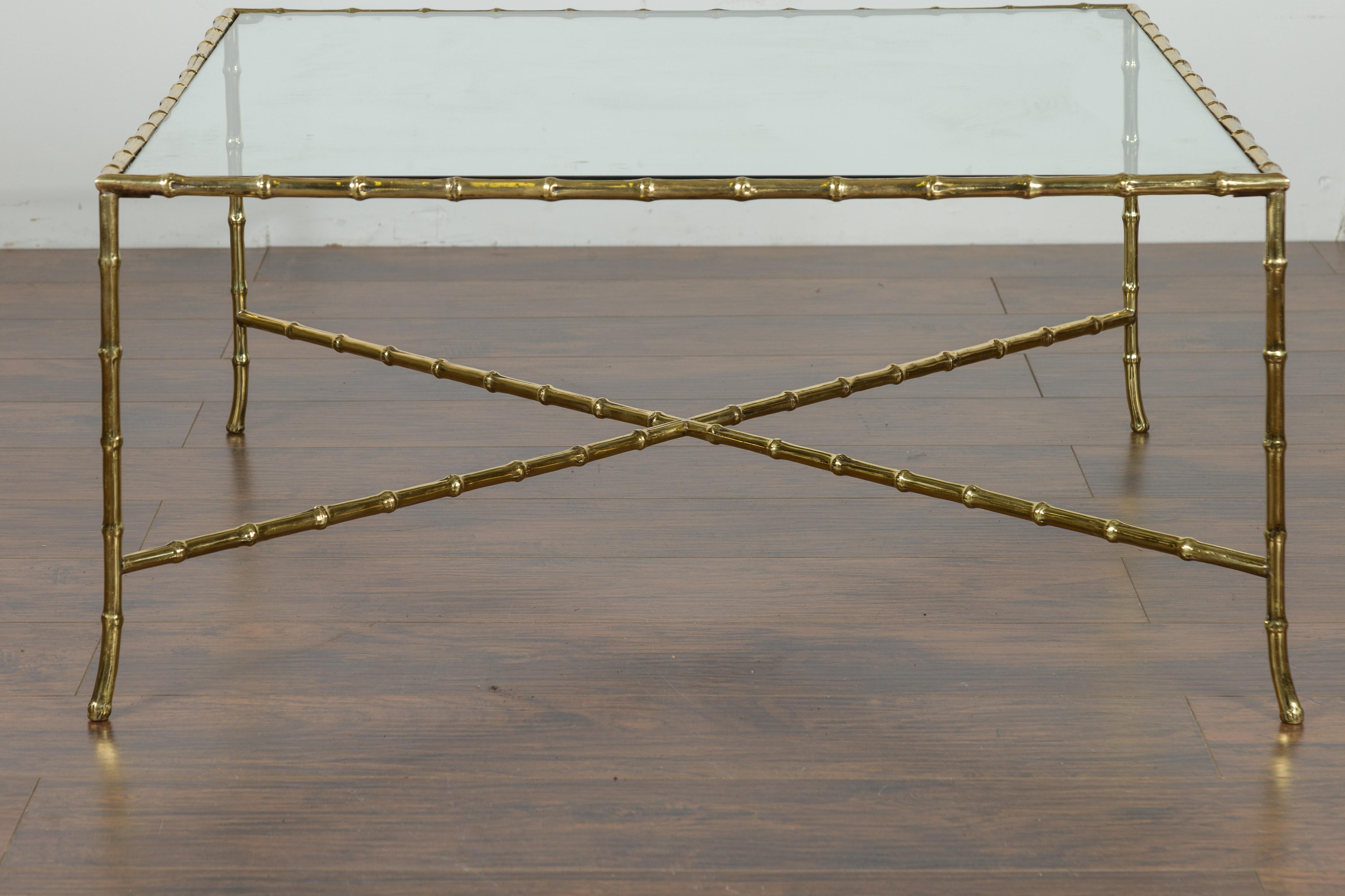 Italian Midcentury Brass Faux Bamboo Coffee Table with Glass Top and Stretcher For Sale 2