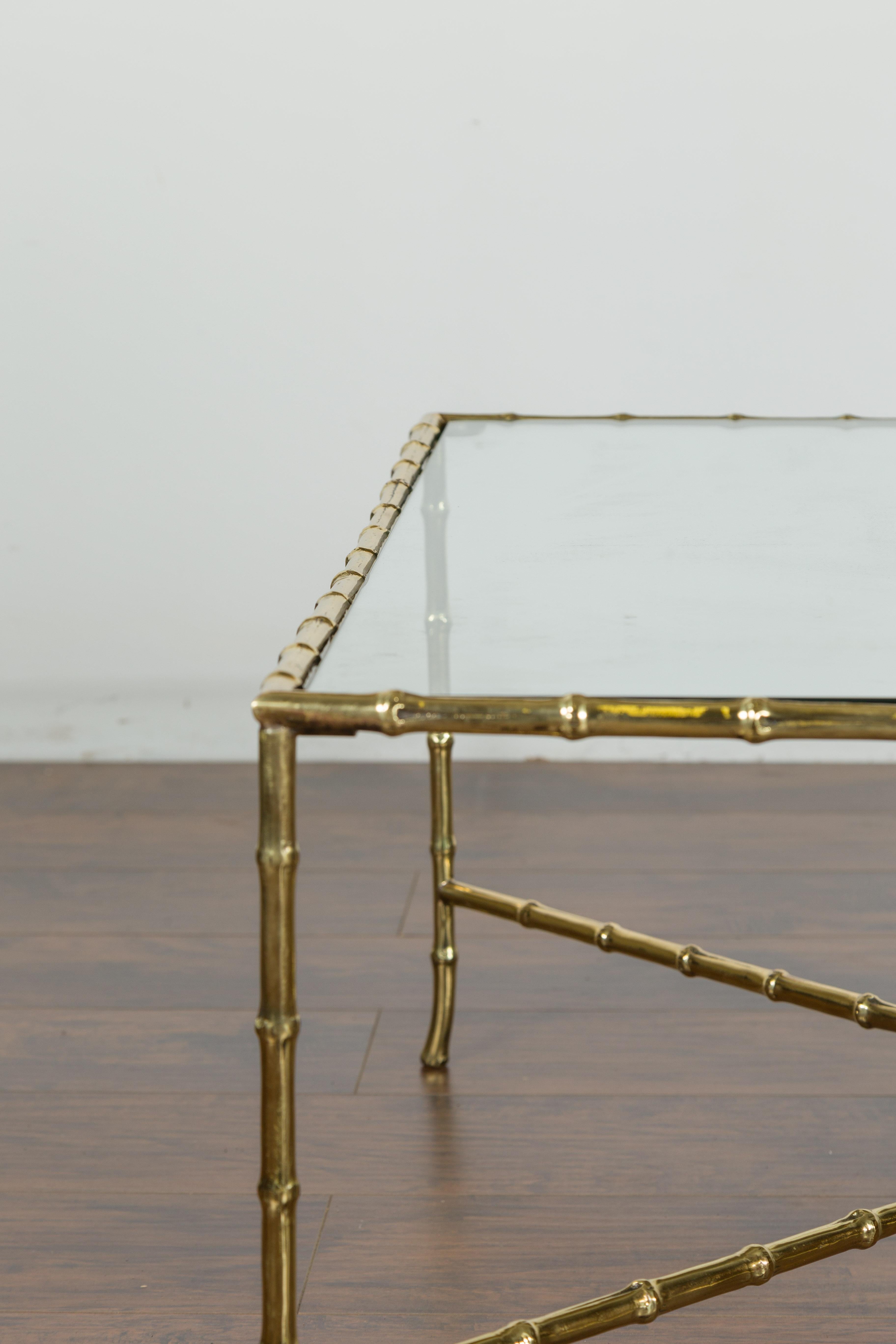 Italian Midcentury Brass Faux Bamboo Coffee Table with Glass Top and Stretcher For Sale 3