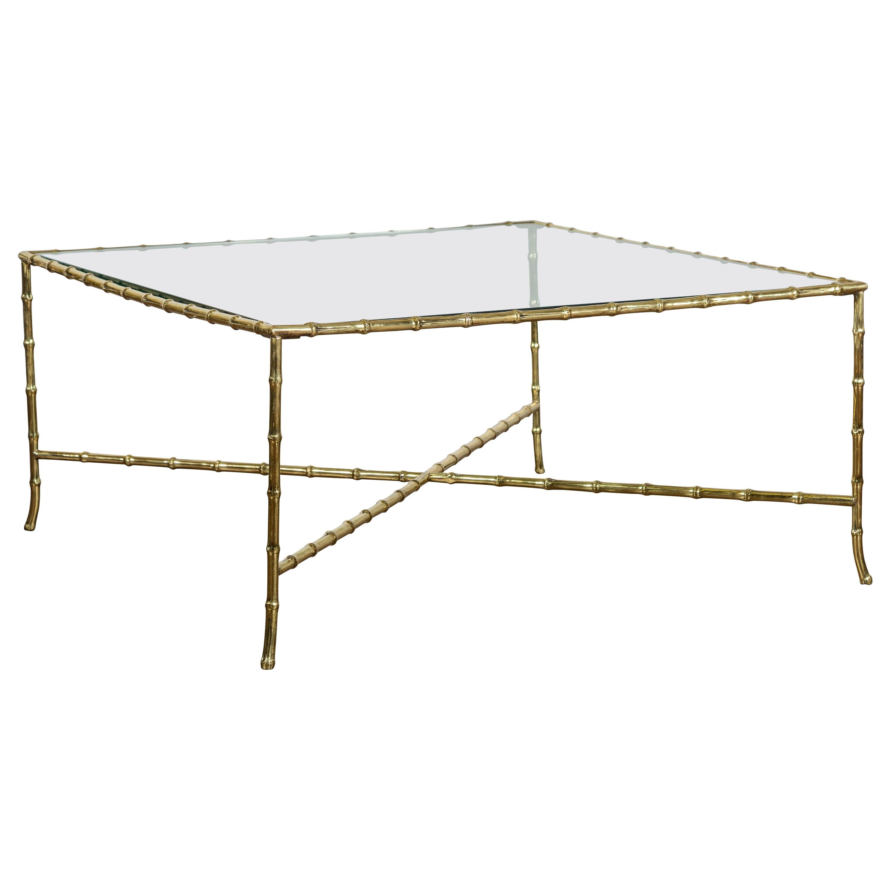 Italian Midcentury Brass Faux Bamboo Coffee Table with Glass Top and Stretcher For Sale