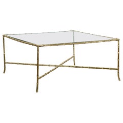 Retro Italian Midcentury Brass Faux Bamboo Coffee Table with Glass Top and Stretcher