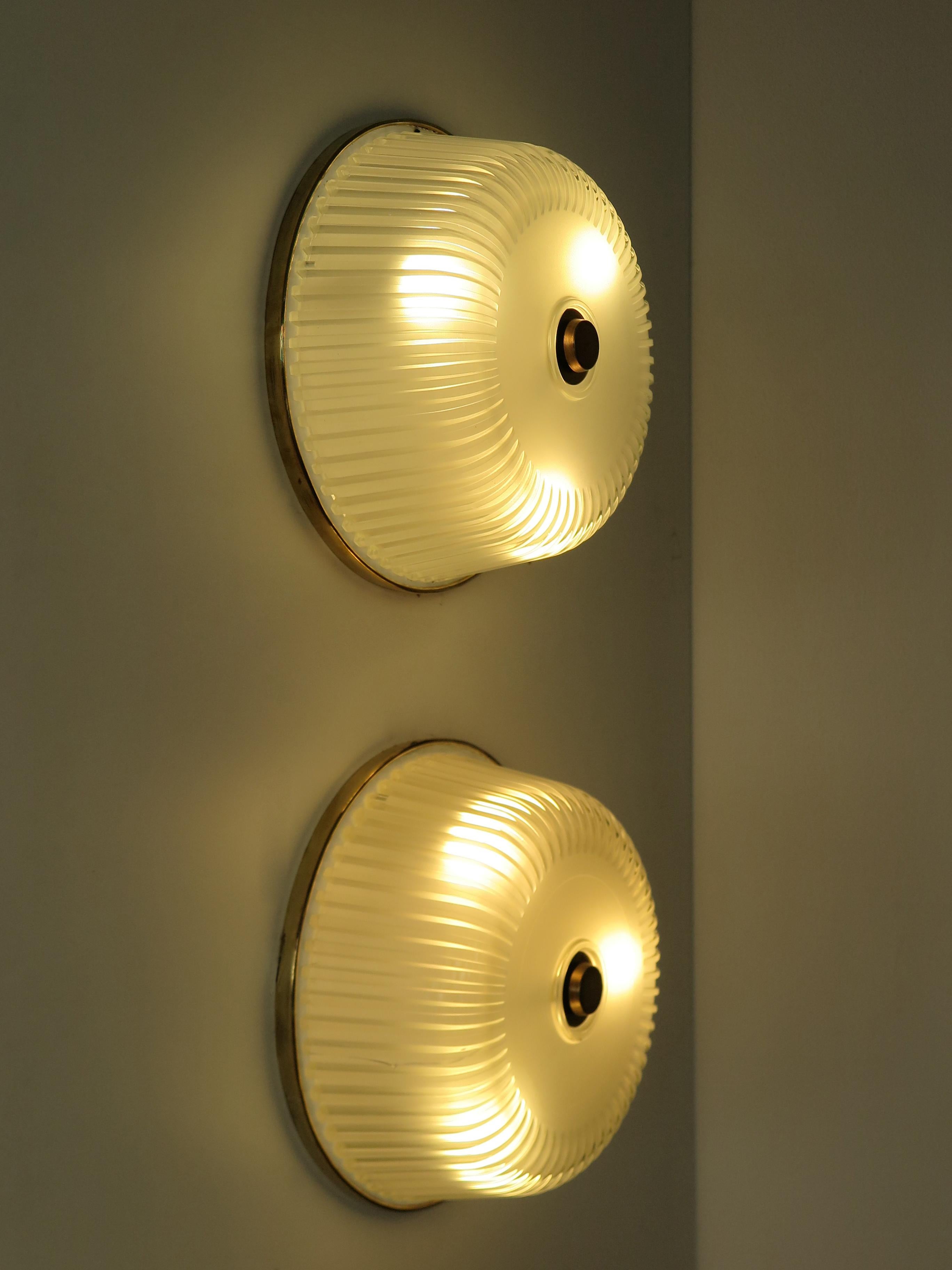 Mid-Century Modern Italian Midcentury Brass Glass Sconces Ceiling Lamps 1940s For Sale