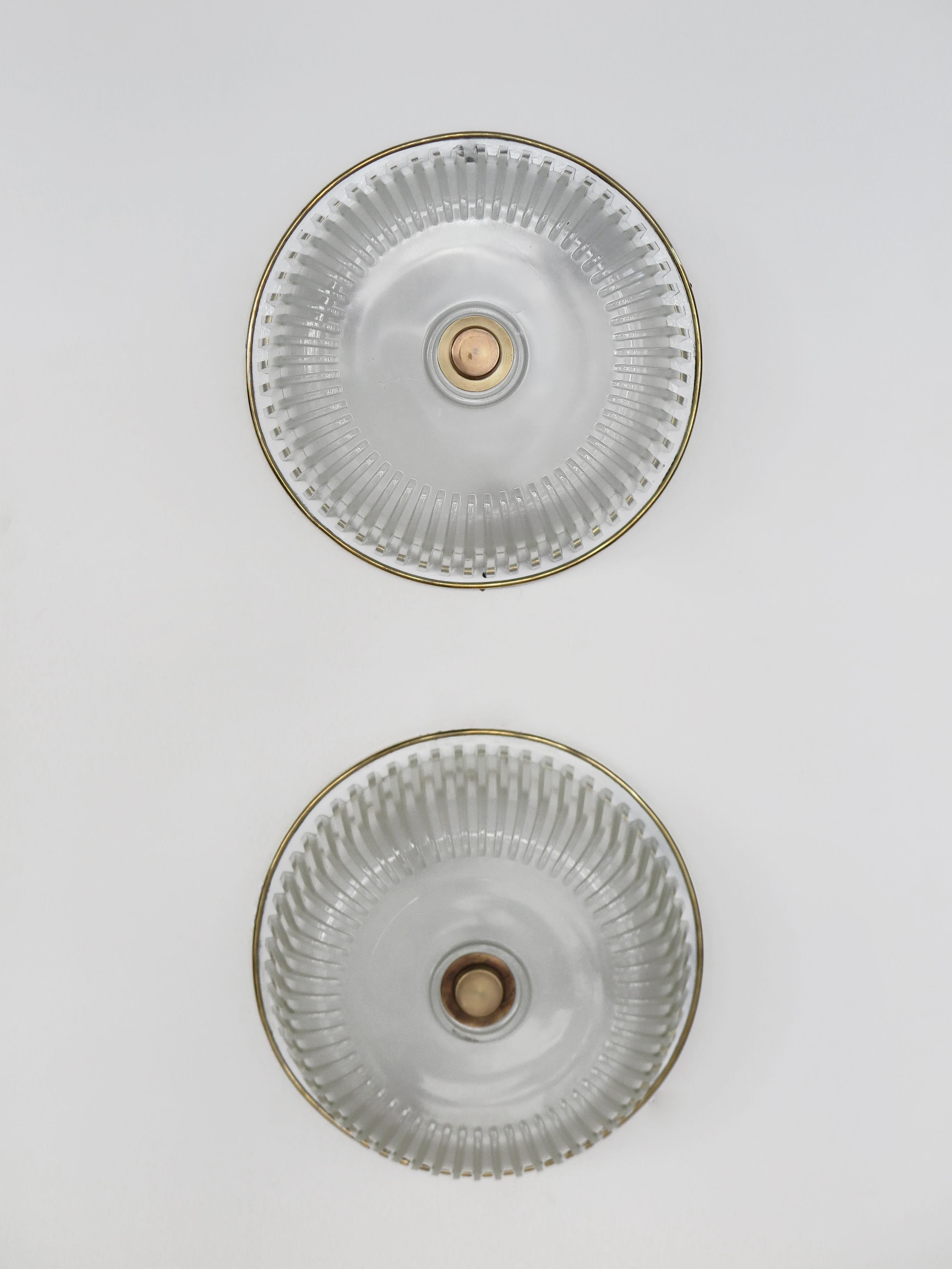 Mid-20th Century Italian Midcentury Brass Glass Sconces Ceiling Lamps 1940s For Sale