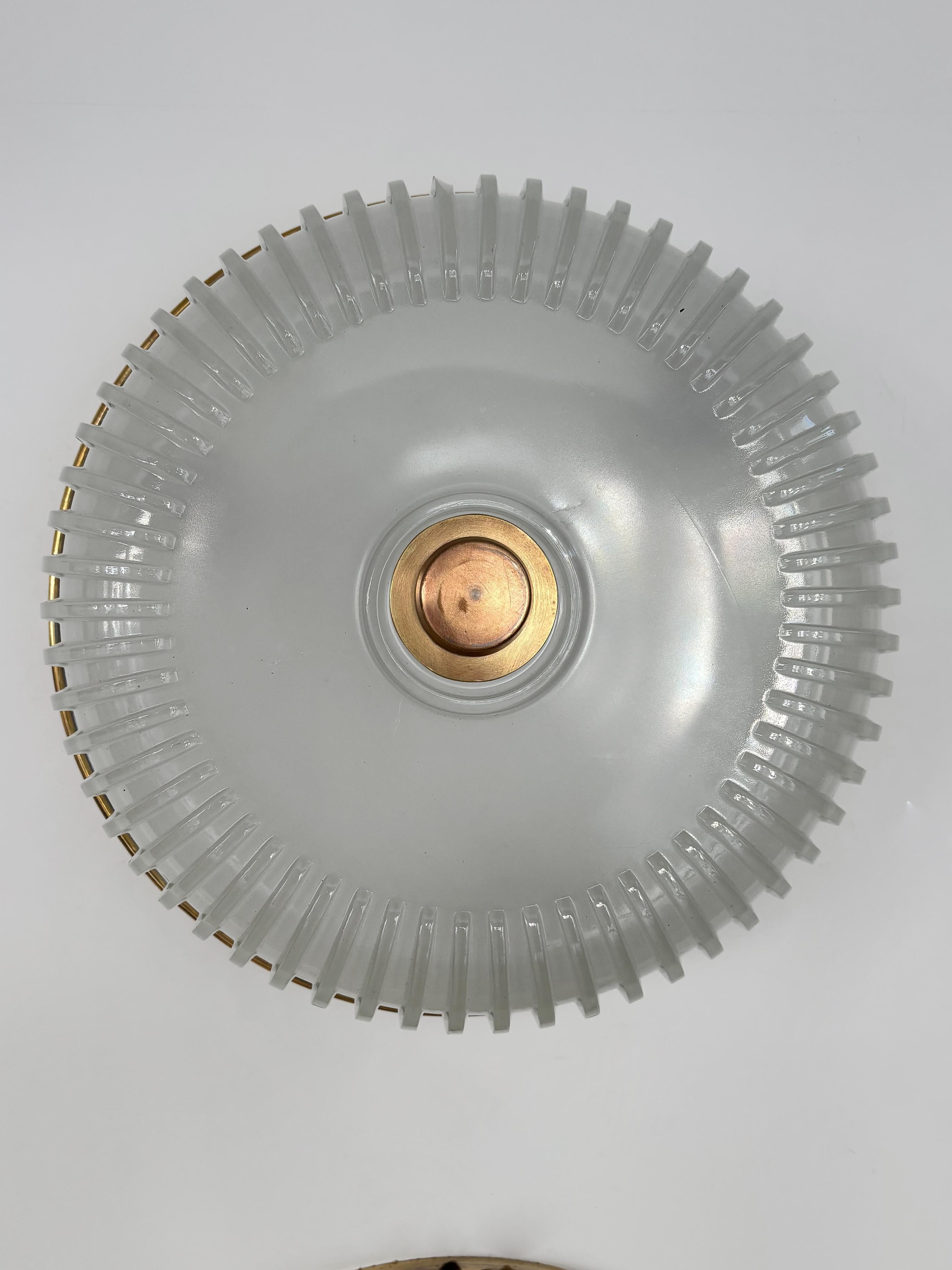 Italian Midcentury Brass Glass Sconces Ceiling Lamps 1940s For Sale 2