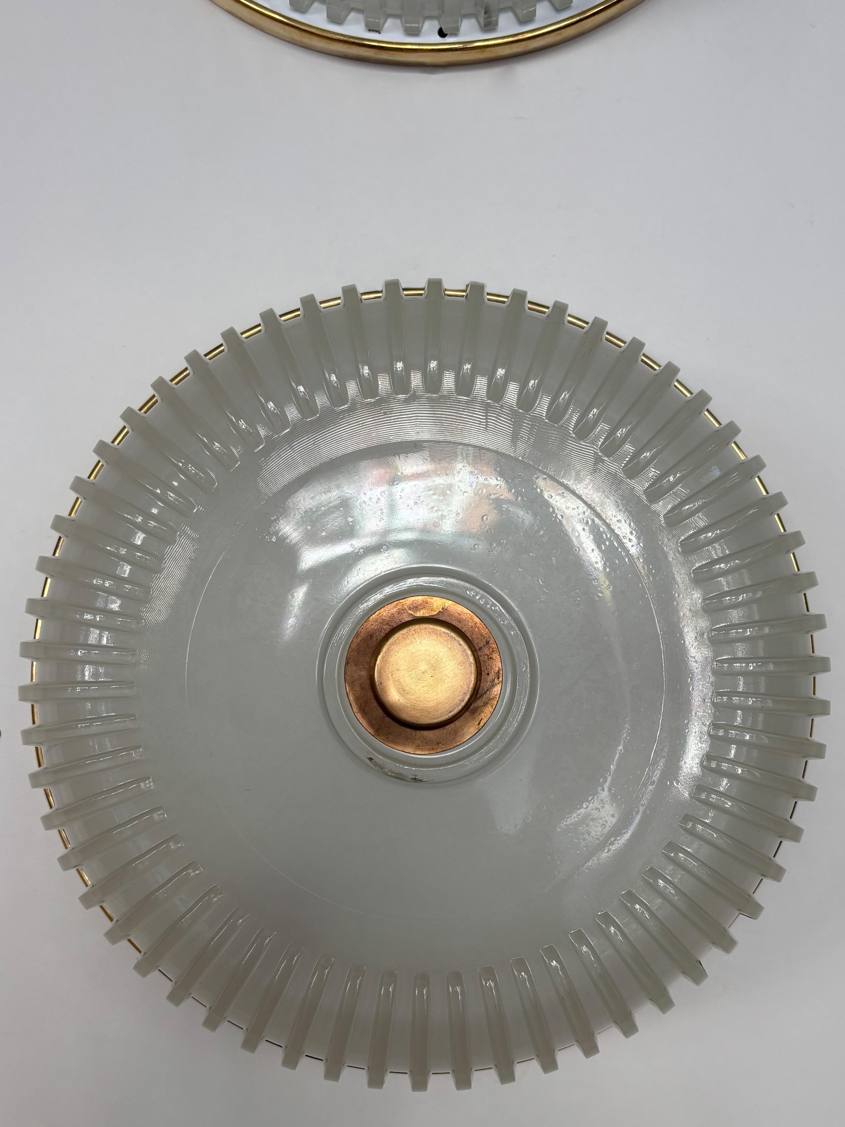 Italian Midcentury Brass Glass Sconces Ceiling Lamps 1940s For Sale 3