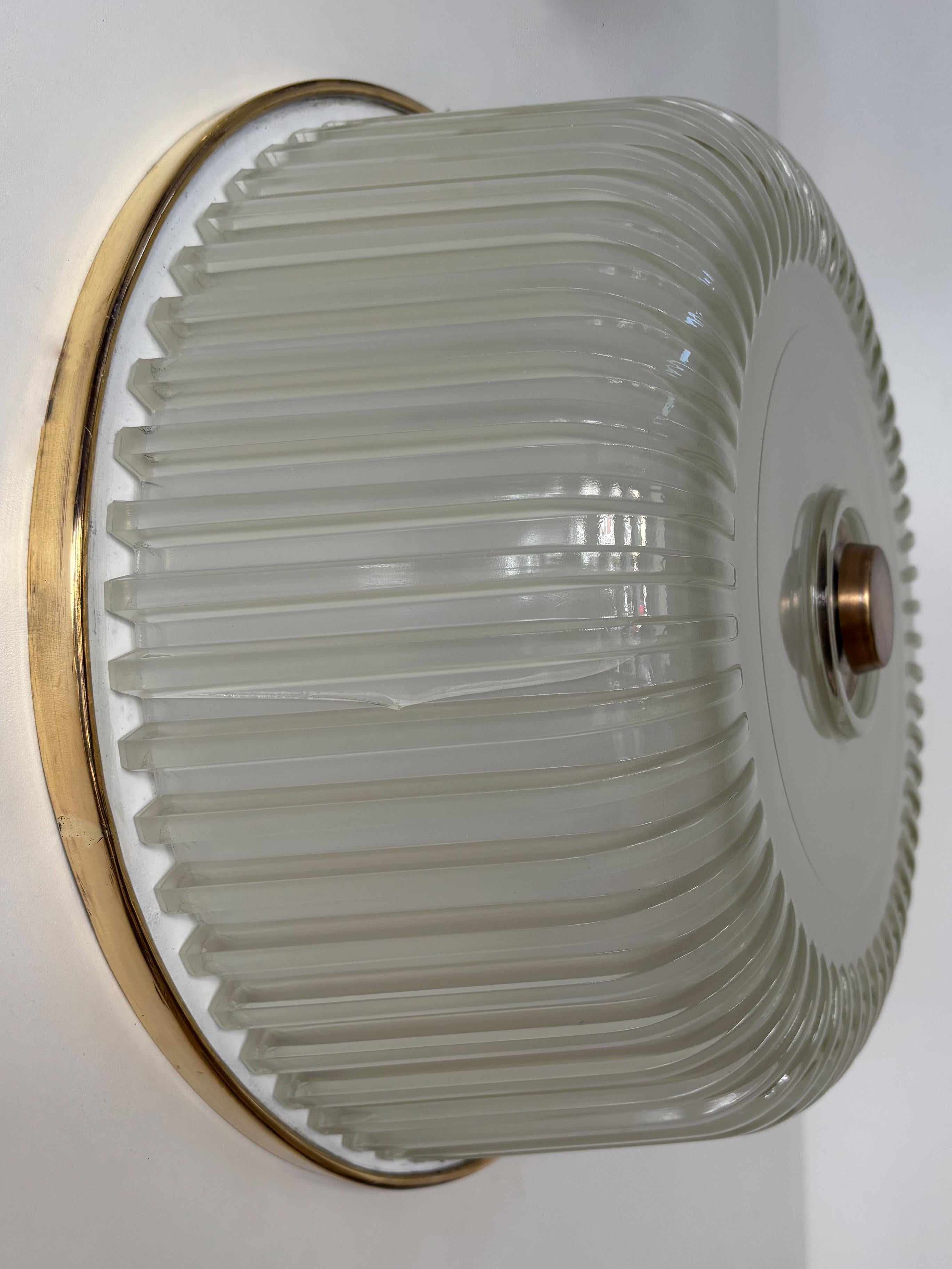 Italian Midcentury Brass Glass Sconces Ceiling Lamps 1940s For Sale 4