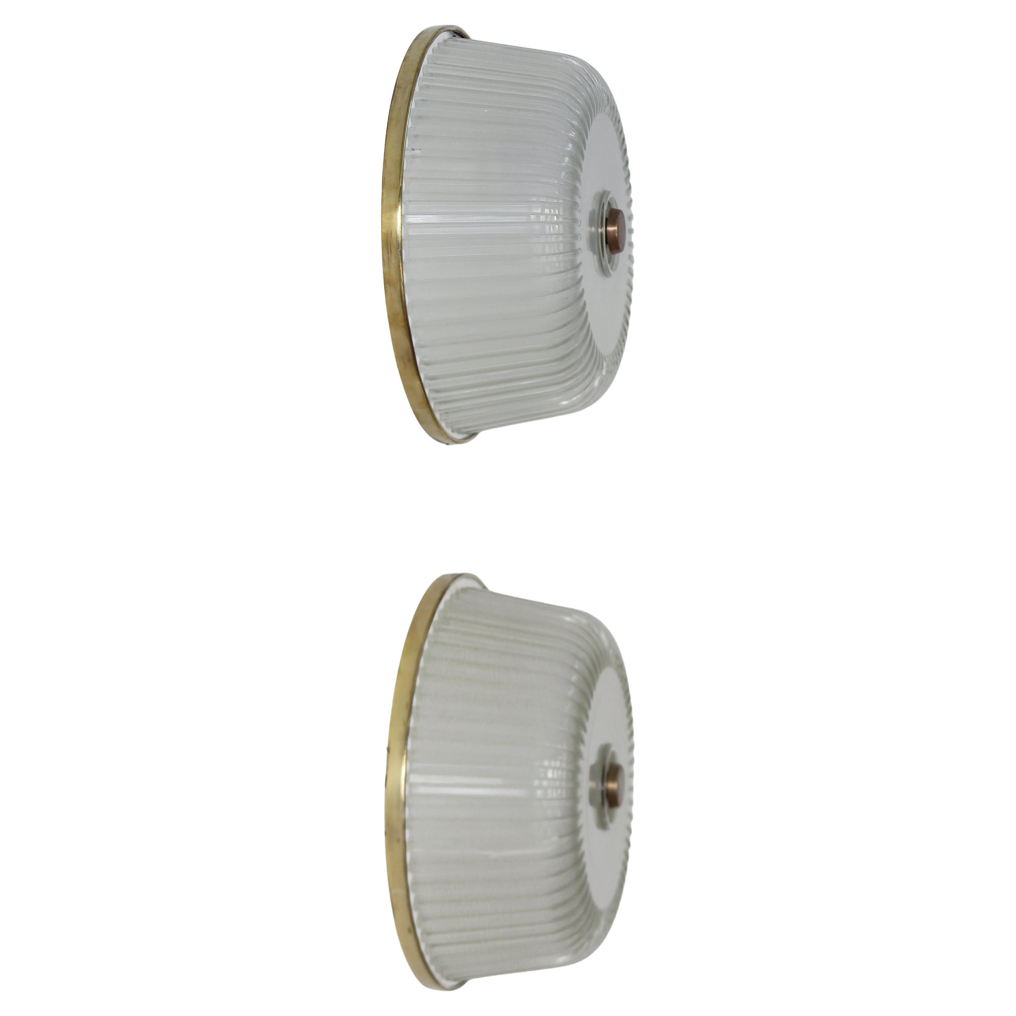 Italian Midcentury Brass Glass Sconces Ceiling Lamps 1940s For Sale