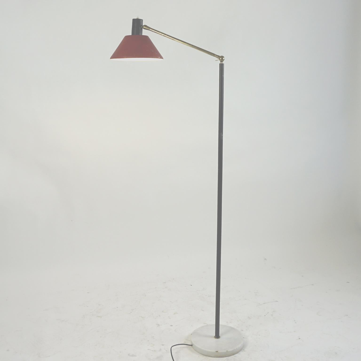 Lacquered Italian Midcentury Brass, Marble and Red Lacquer Floorlamp by Stilux Milano