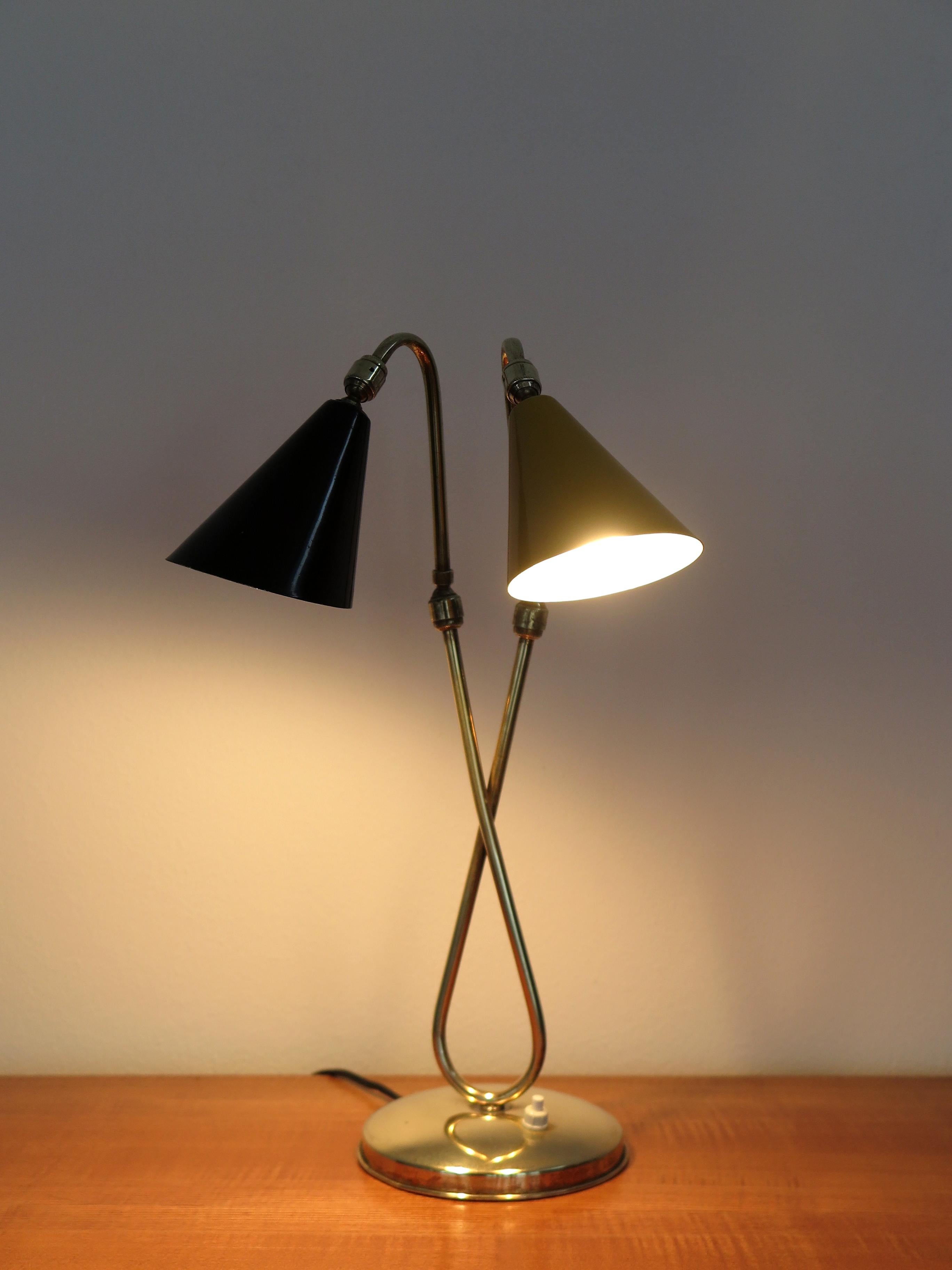 Mid-20th Century Italian Midcentury Brass Metal Black Yellow Table Lamp 1950s For Sale