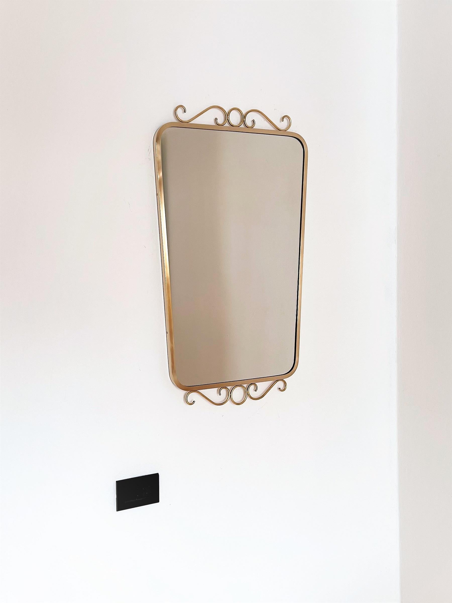 Italian Mid-Century Crystal and Brass Mirror with Decoration, 1950s 1