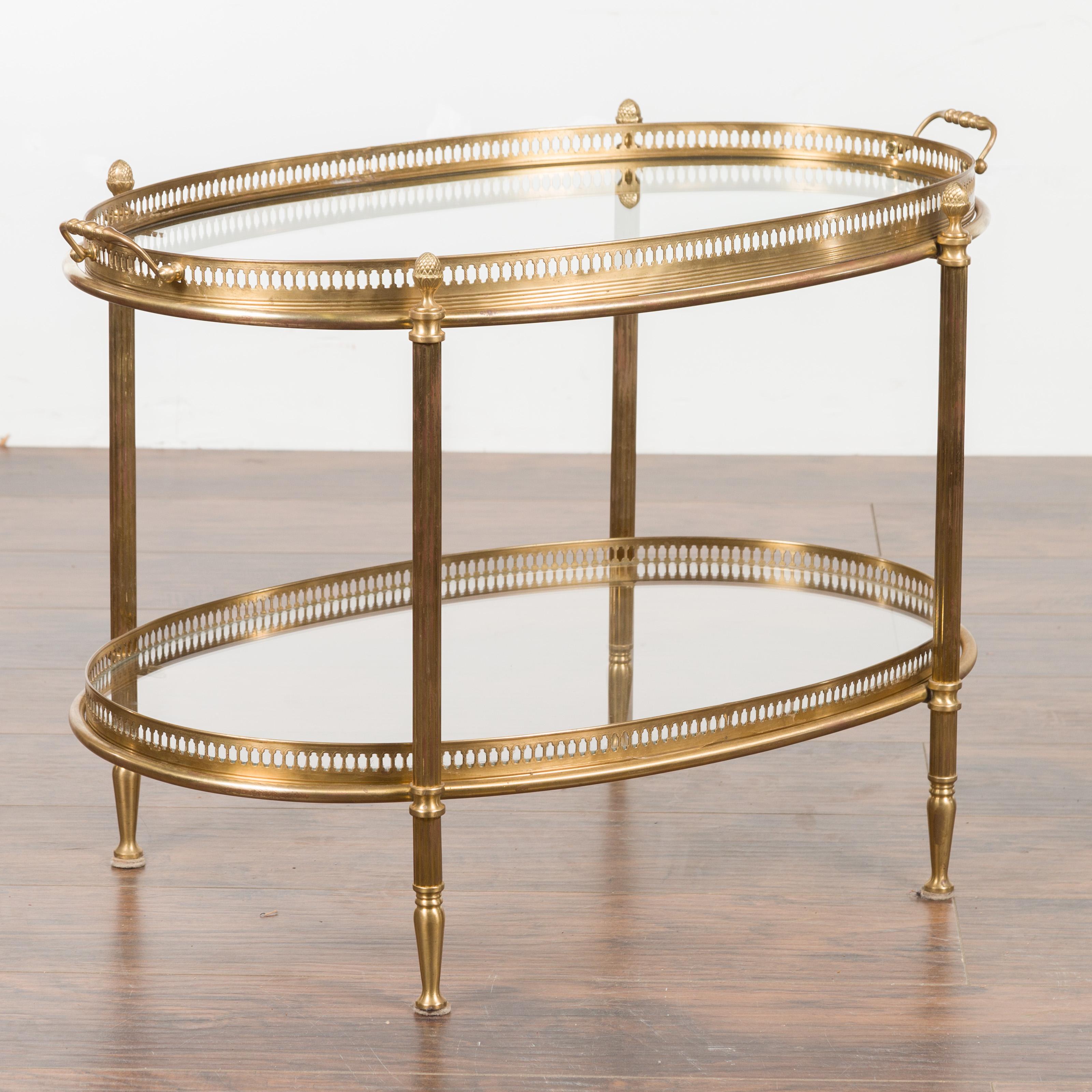 Italian Midcentury Brass Oval Side Table with Pierced Gallery and Glass Shelves 5