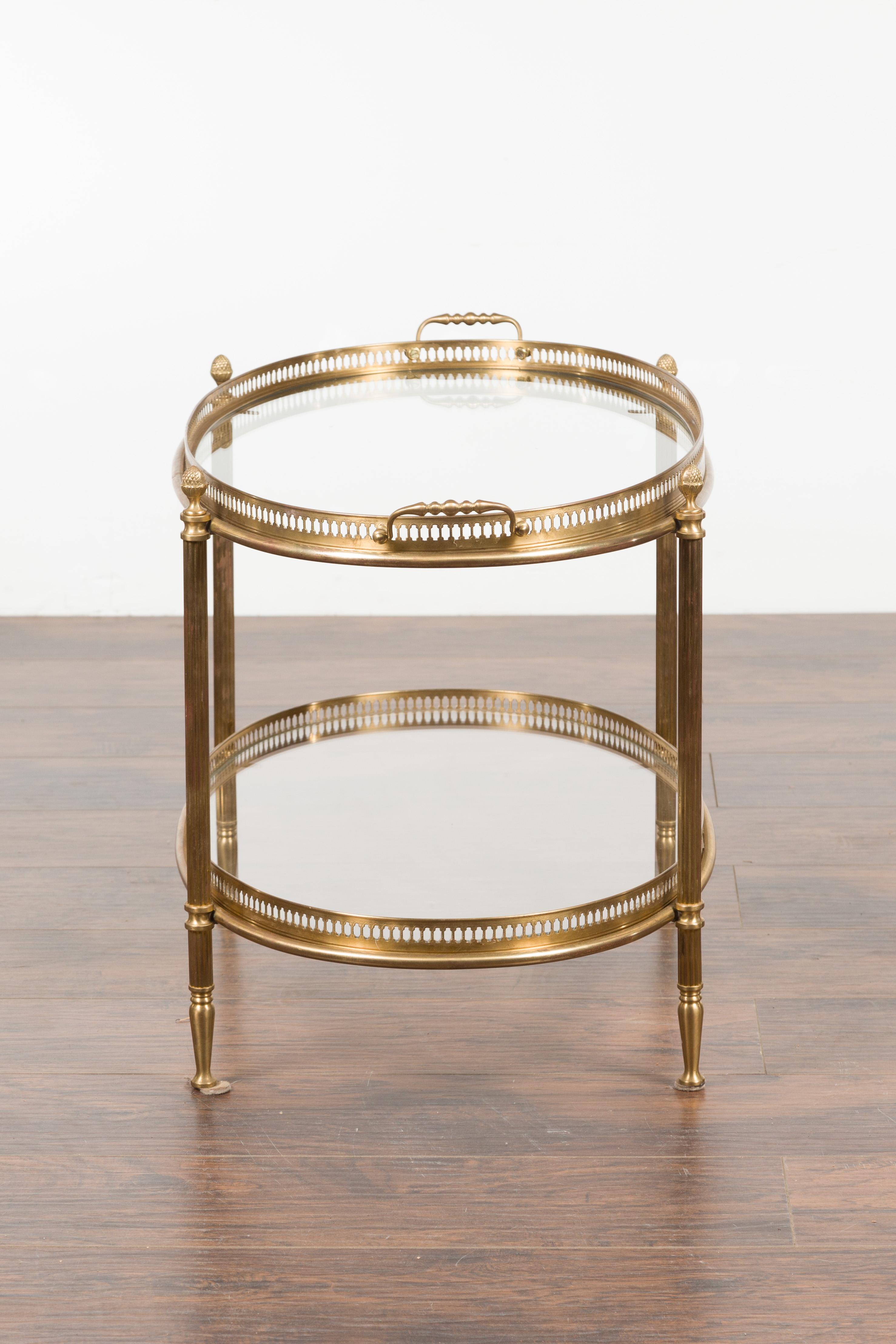 Italian Midcentury Brass Oval Side Table with Pierced Gallery and Glass Shelves 6