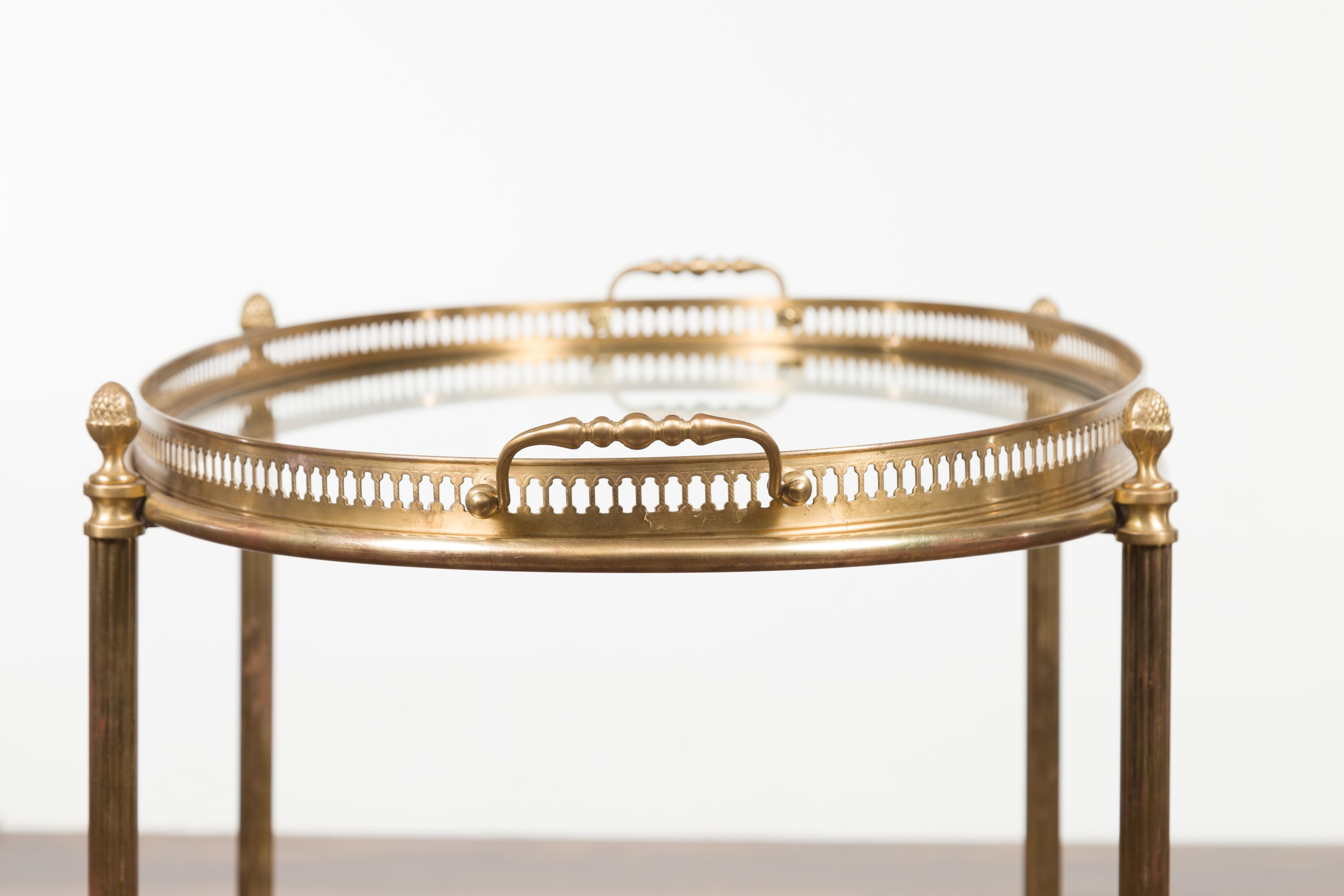 Italian Midcentury Brass Oval Side Table with Pierced Gallery and Glass Shelves 7