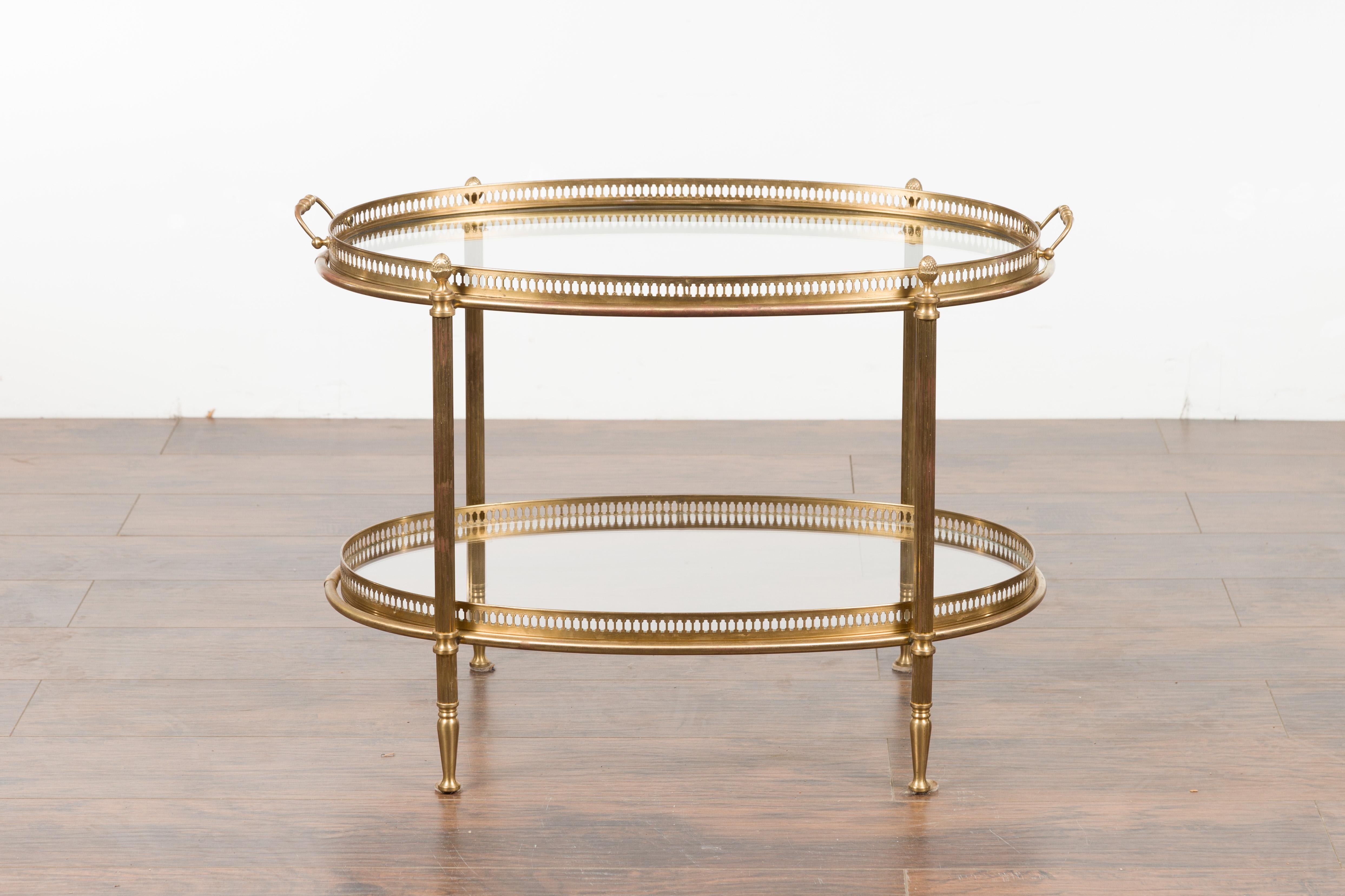 Italian Midcentury Brass Oval Side Table with Pierced Gallery and Glass Shelves 8