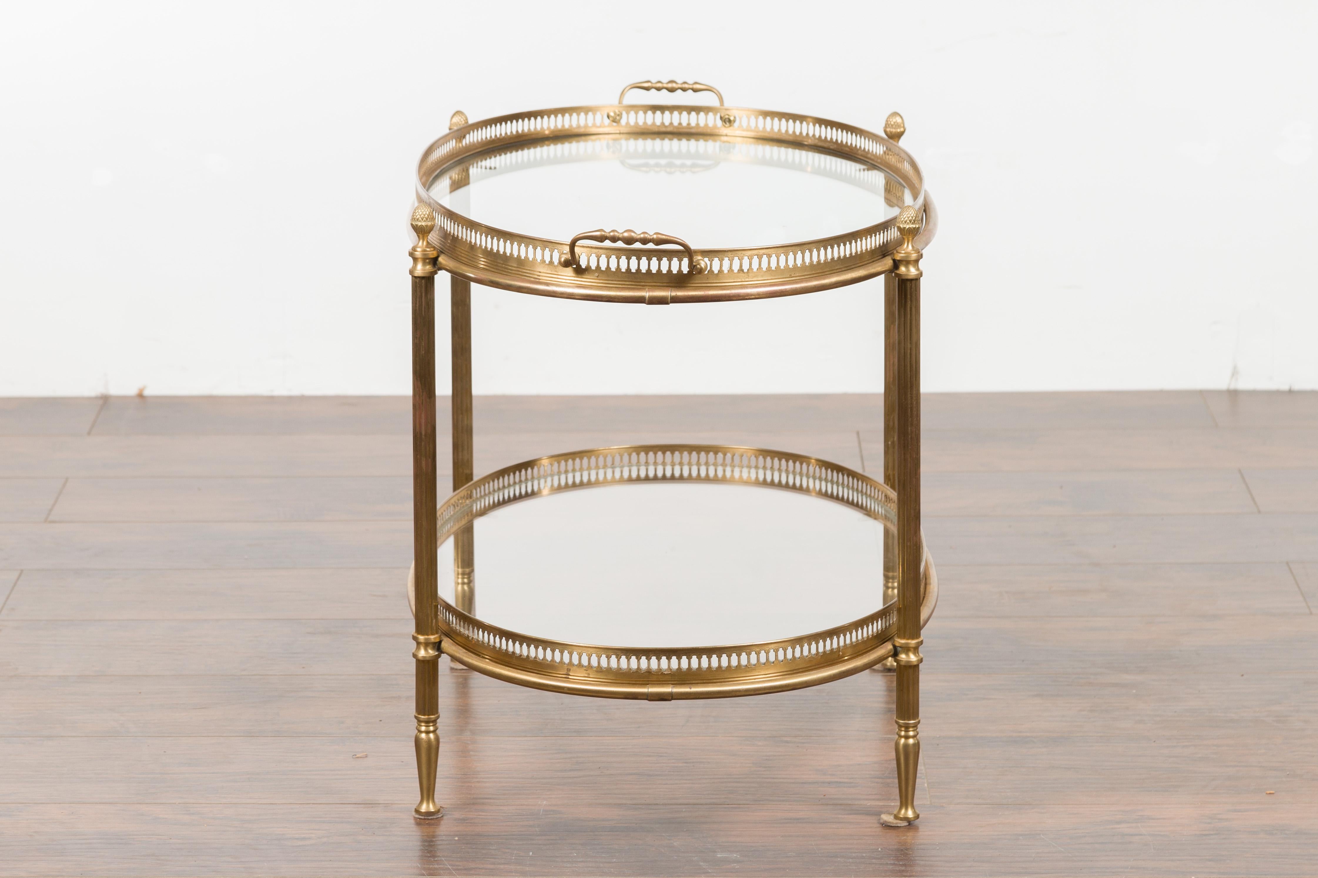 Italian Midcentury Brass Oval Side Table with Pierced Gallery and Glass Shelves 9