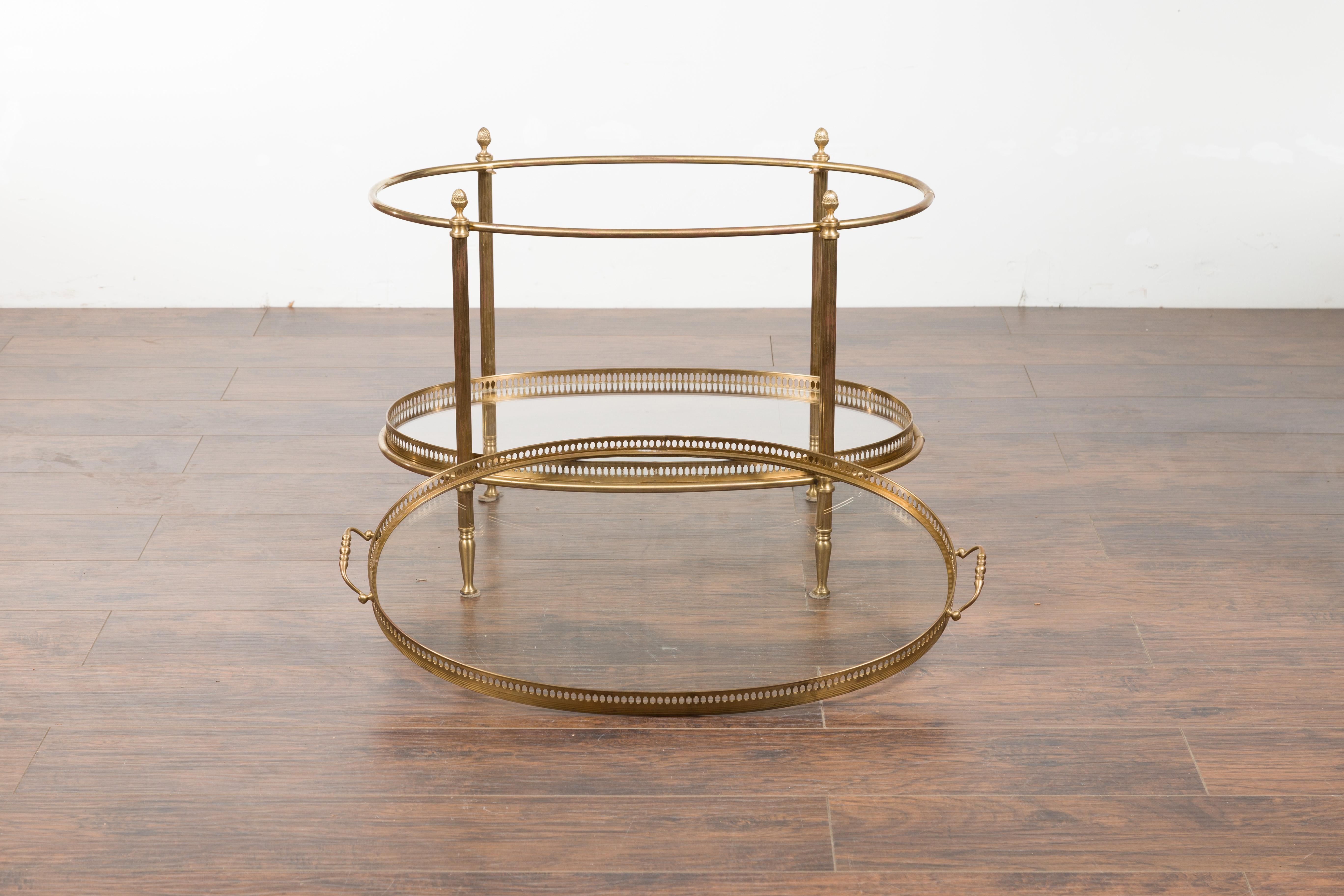 20th Century Italian Midcentury Brass Oval Side Table with Pierced Gallery and Glass Shelves