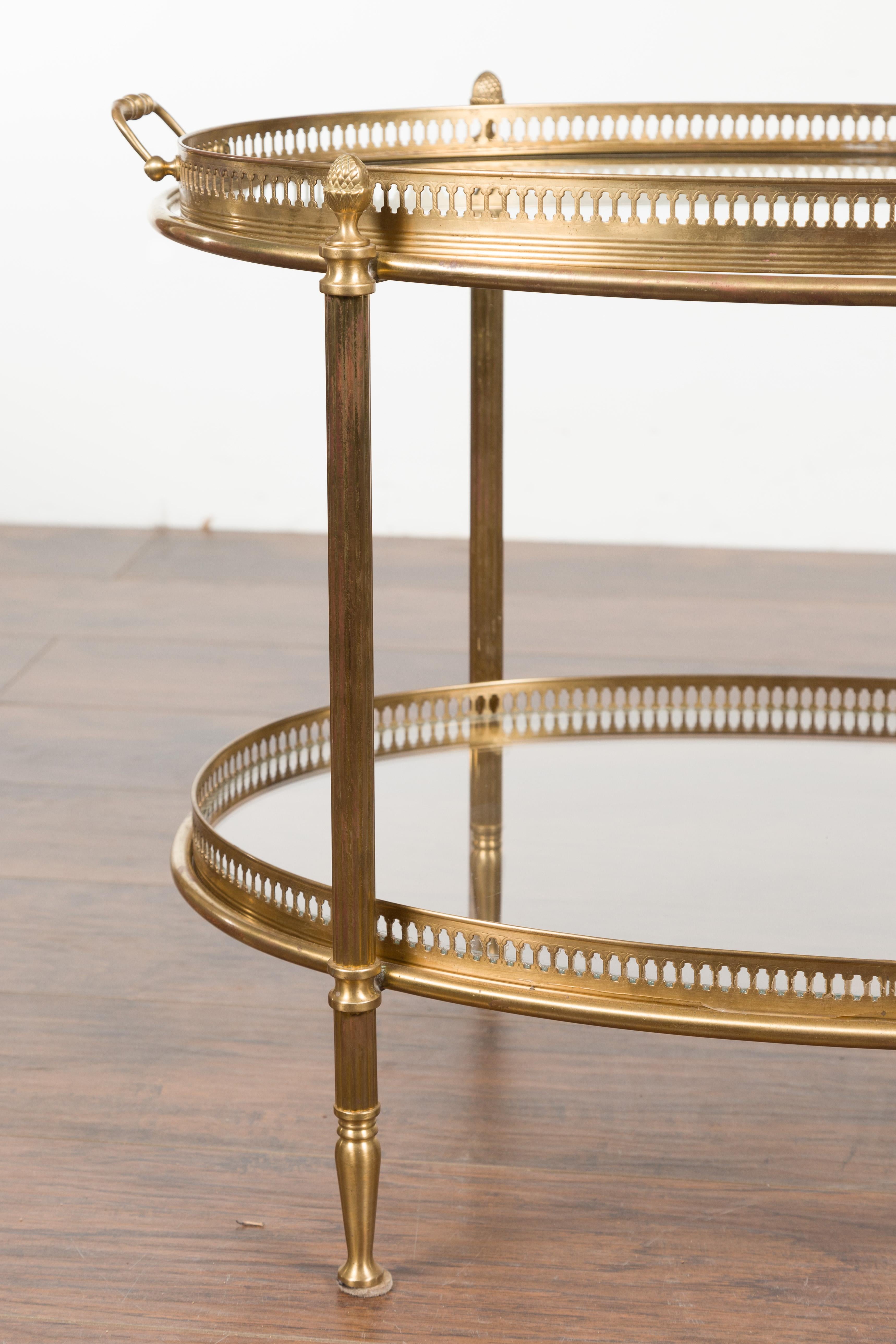 Italian Midcentury Brass Oval Side Table with Pierced Gallery and Glass Shelves 2