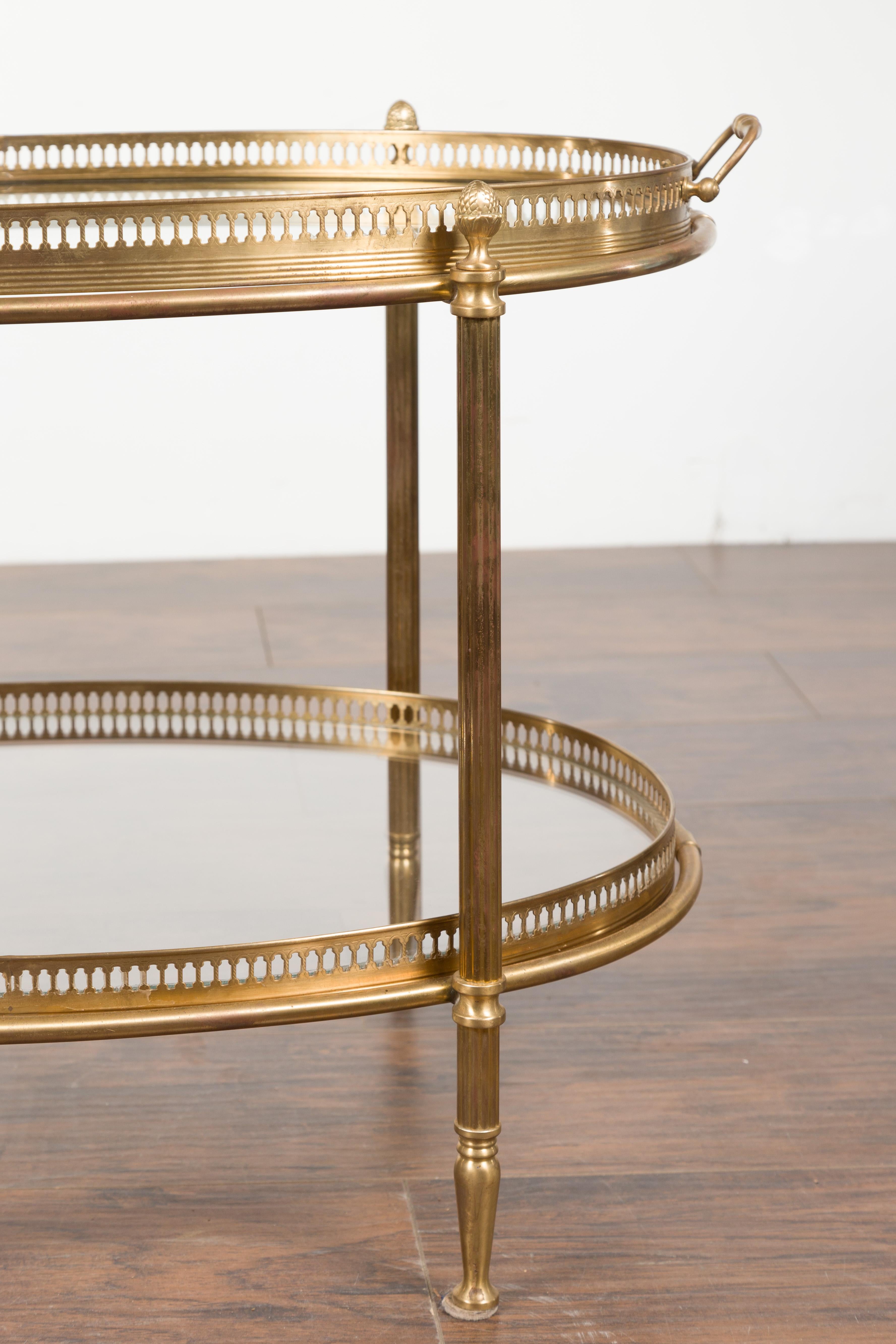 Italian Midcentury Brass Oval Side Table with Pierced Gallery and Glass Shelves 3